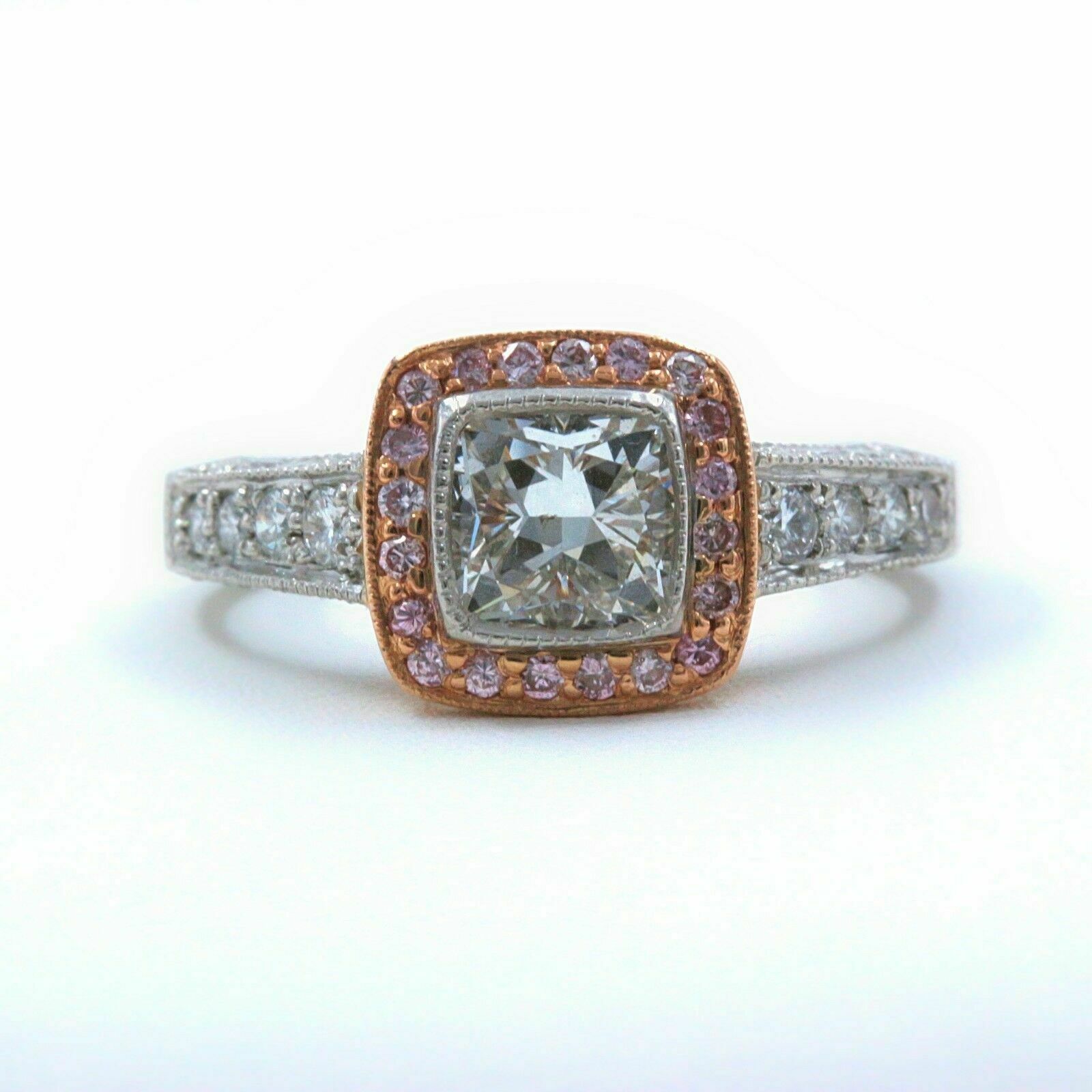 Platinum  Rose Gold Diamond Engagement Ring Cushion  Pink Diamonds 1.50 tcw