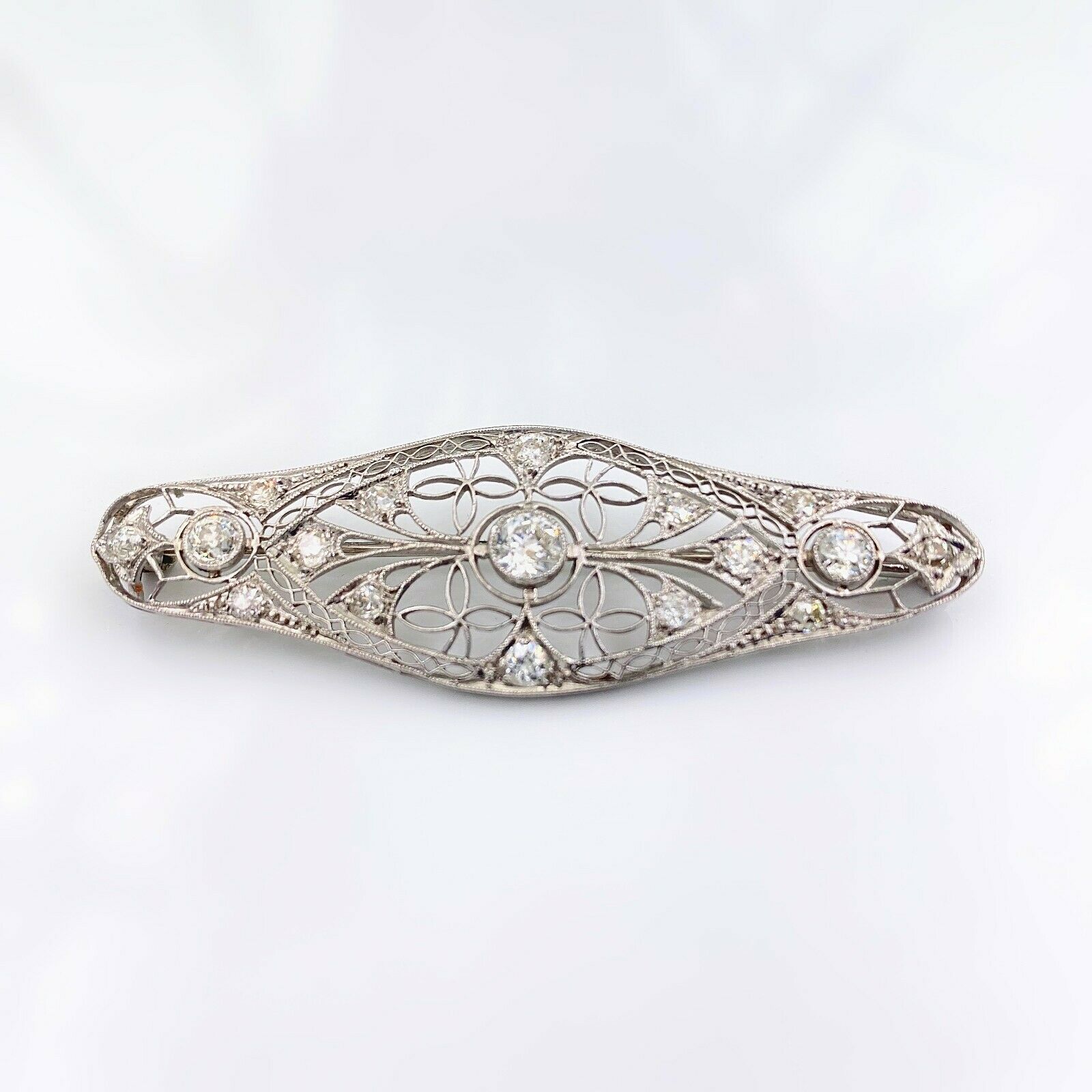 Antique Edwardian Era Platinum Filigree Diamond Bar Pin Brooch 1.85 TCW 