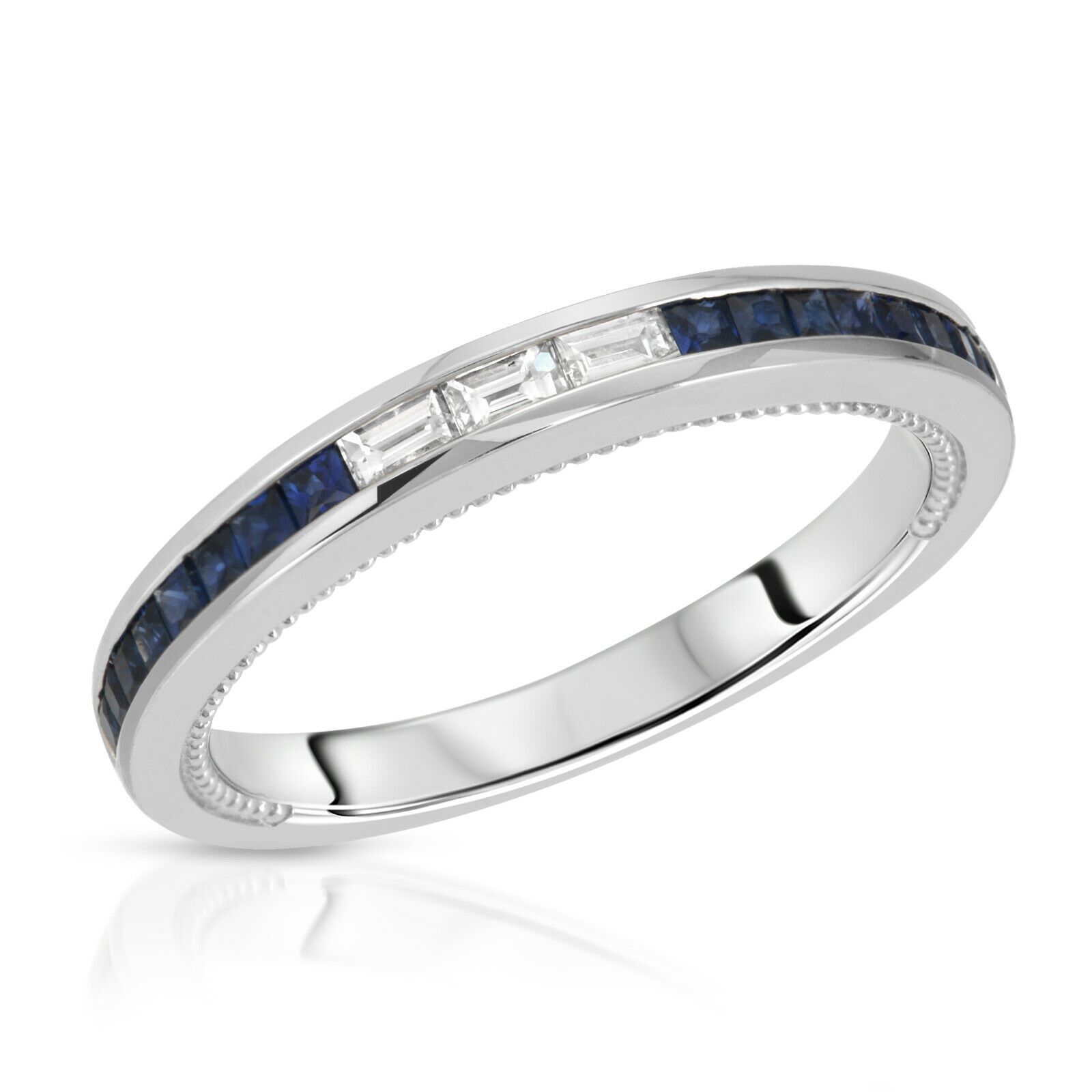 0.49 CT Blue Sapphire  0.15 CT Diamonds in 18K White Gold Band Ring