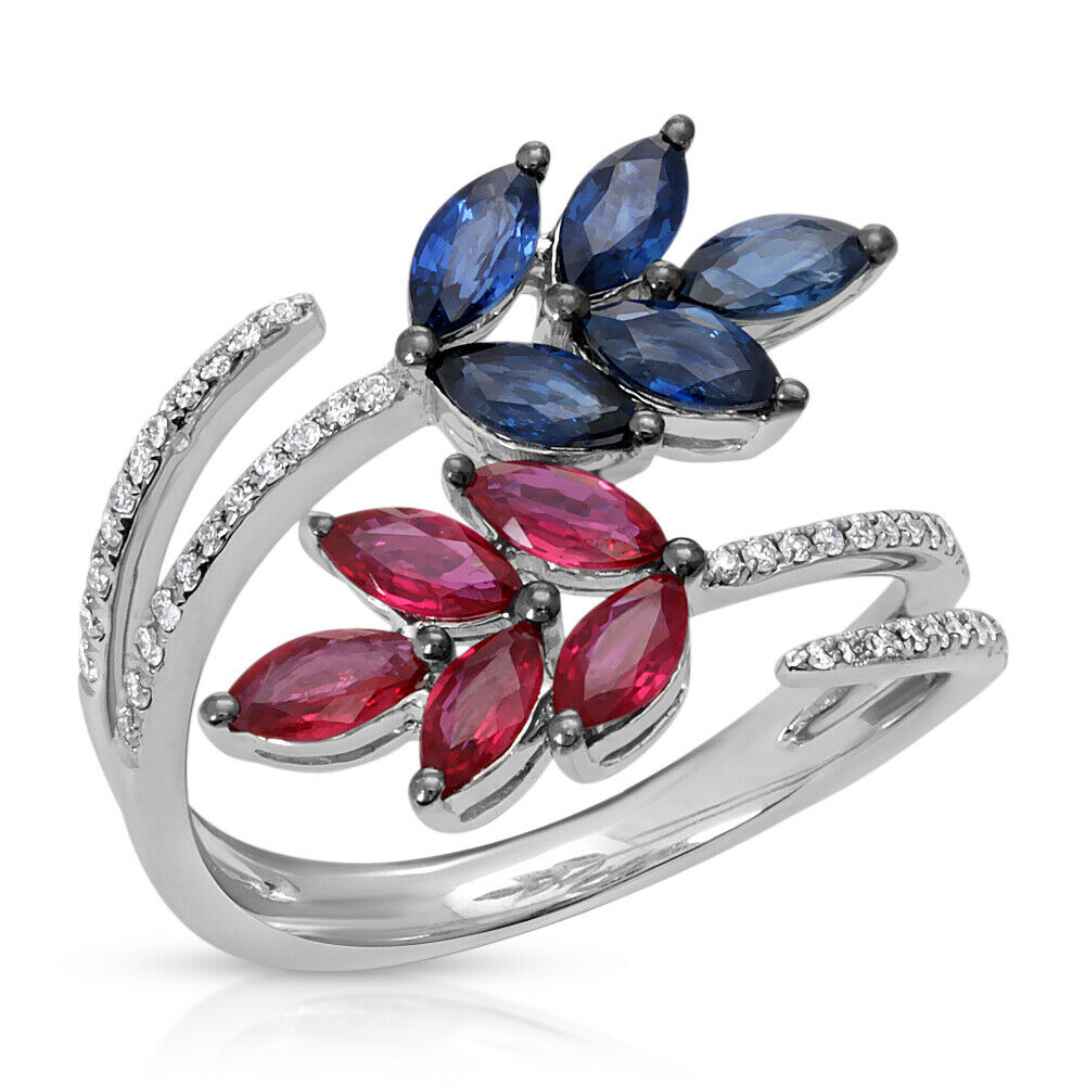 1.89 CT Sapphire  Ruby 0.25 CT Diamonds in 18K White Gold Leaf Cluster Ring