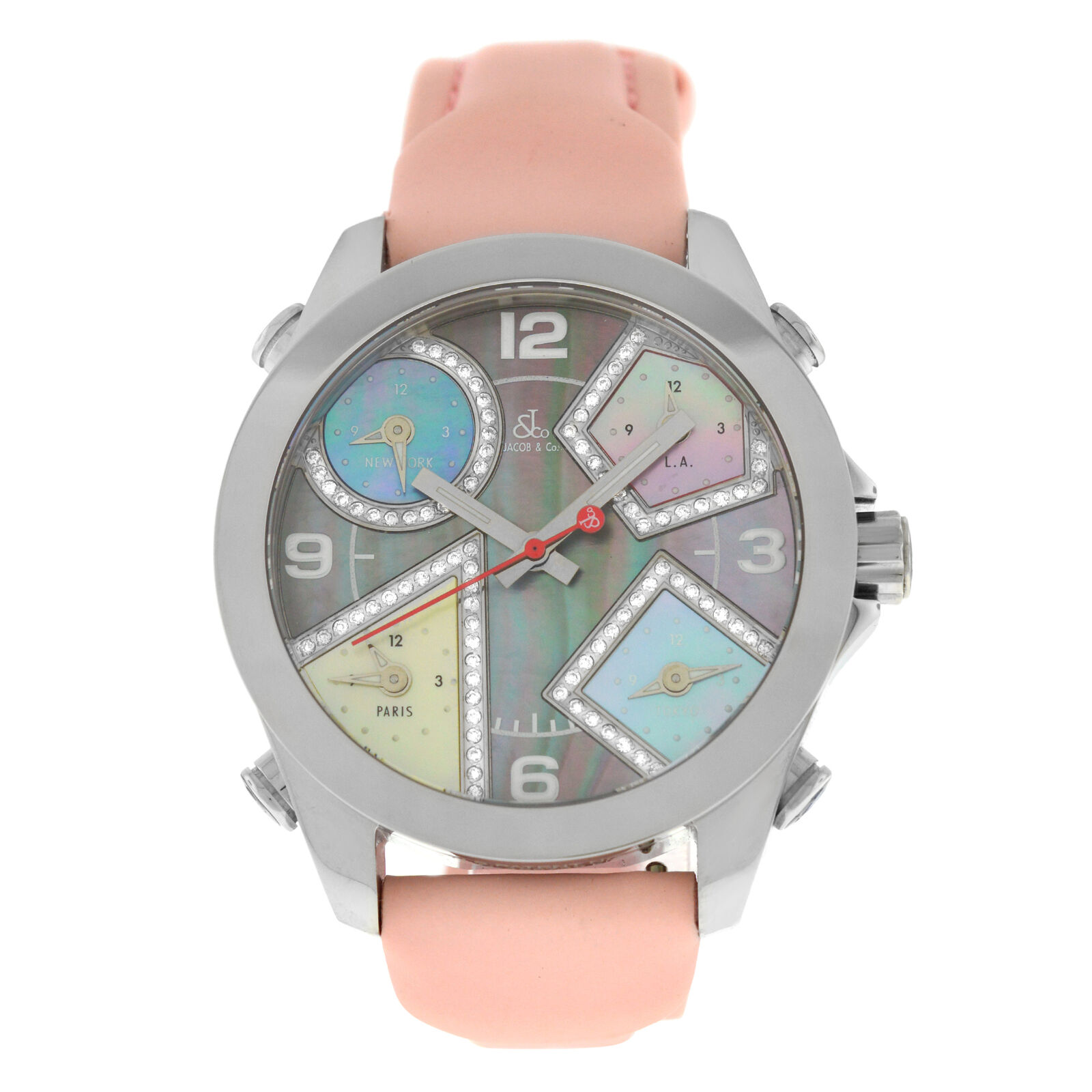 Unisex Jacob  Co. Five 5 Time Zone Watch JCM-54PDA Diamond Steel 40MM MOP