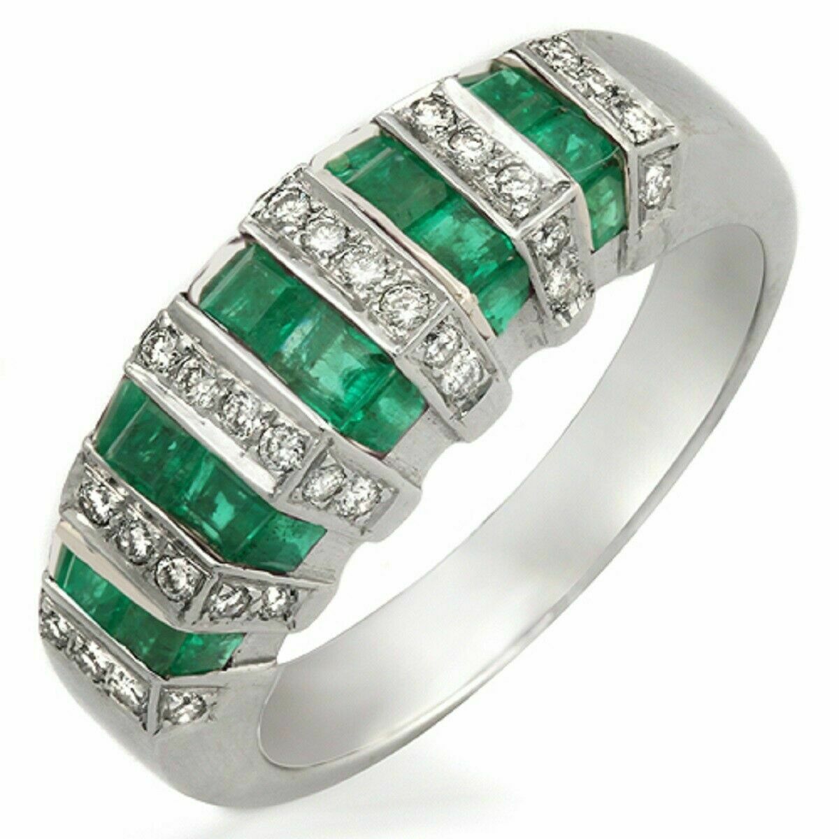 1.92 CT Invisible Set Emerald  0.25 CT Diamonds in 18K White Gold Ring Band