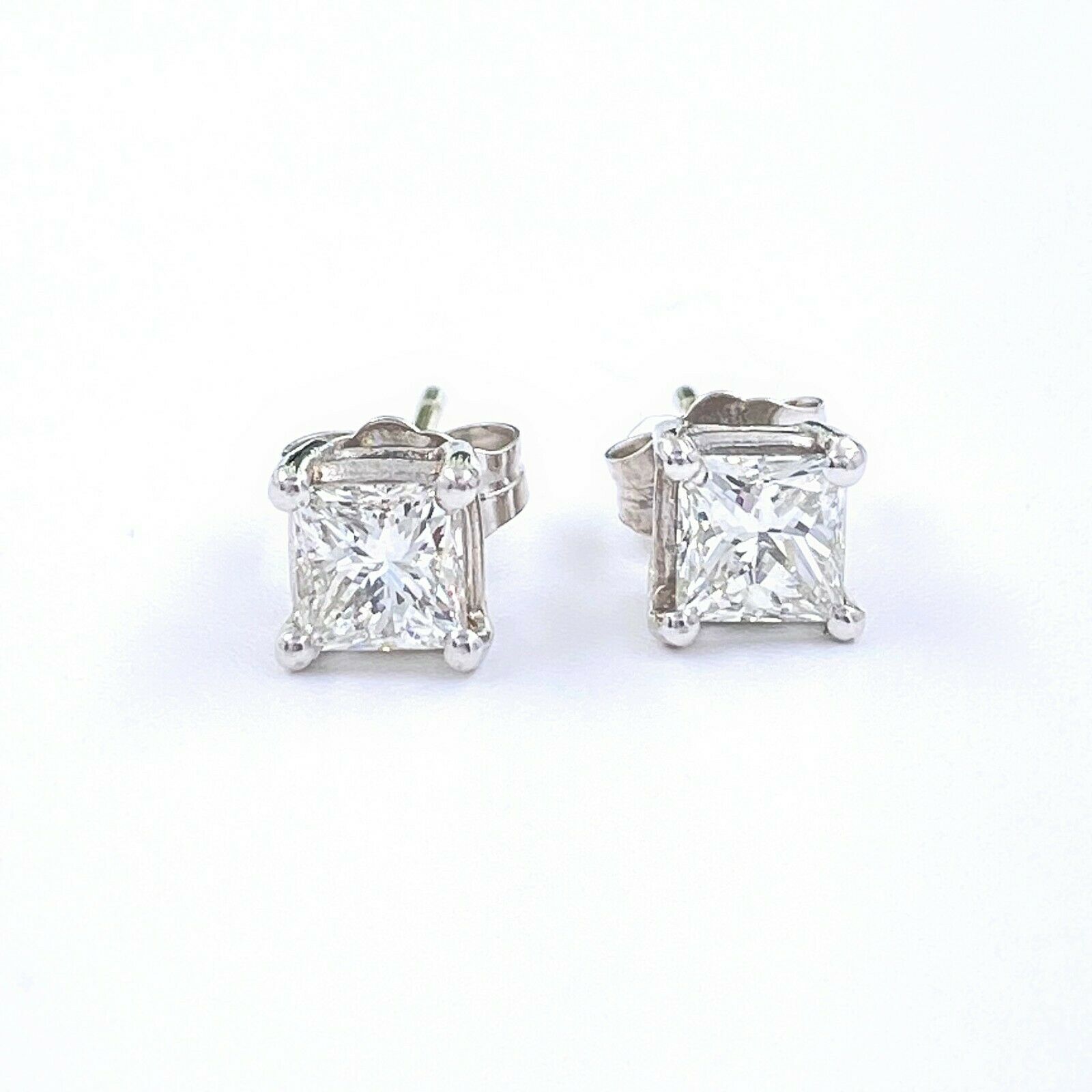 1.01 Carat Total Princess Cut VS1 Diamond Stud Earrings 14K White Gold 