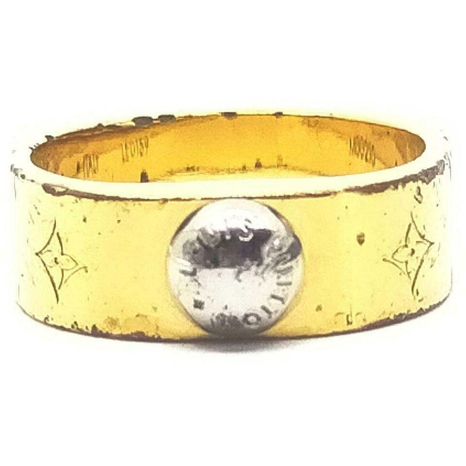 Louis Vuitton Gold Tone Monogram LV Nanogram Ring S 861982