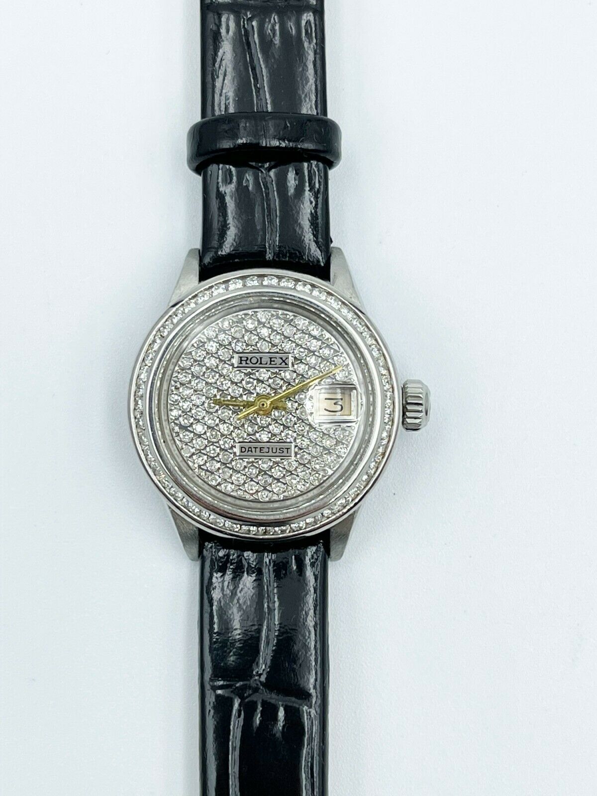 Rolex Ladies Datejust 6917 Diamond Dial Diamond Bezel Stainless Leather Strap