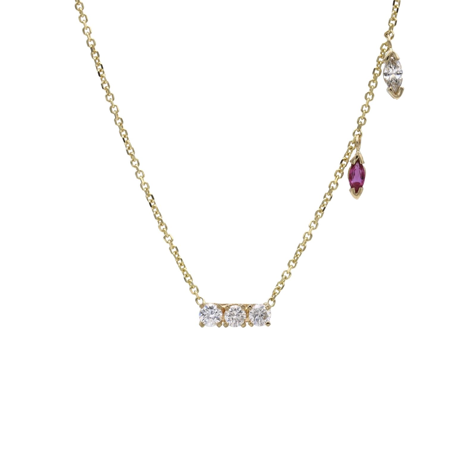 Jennifer Rivera Heritage Diamond Bar Necklace with a Dangling Ruby and a Diamond