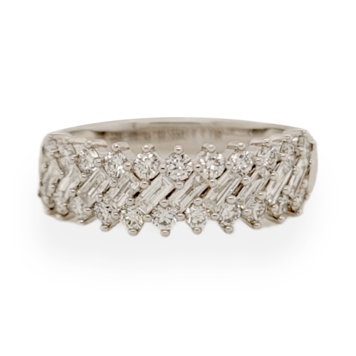 0.89 CT Round  Baguette Diamond In 14K White Gold Wedding Band Ring