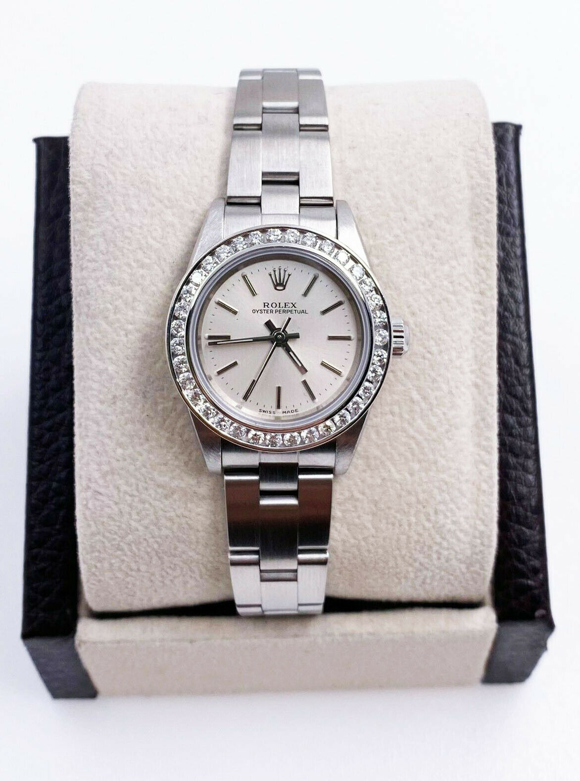 Rolex Ladies Oyster Perpetual 76080 Diamond Bezel Stainless Steel Box Papers