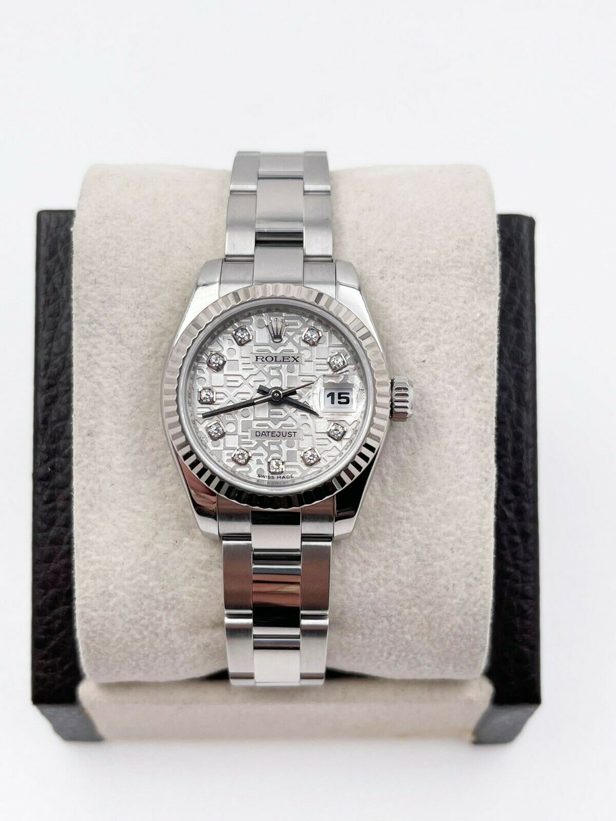 Rolex Ladies Datejust Stainless 179174 Jubilee Silver Diamond Dial Box Paper