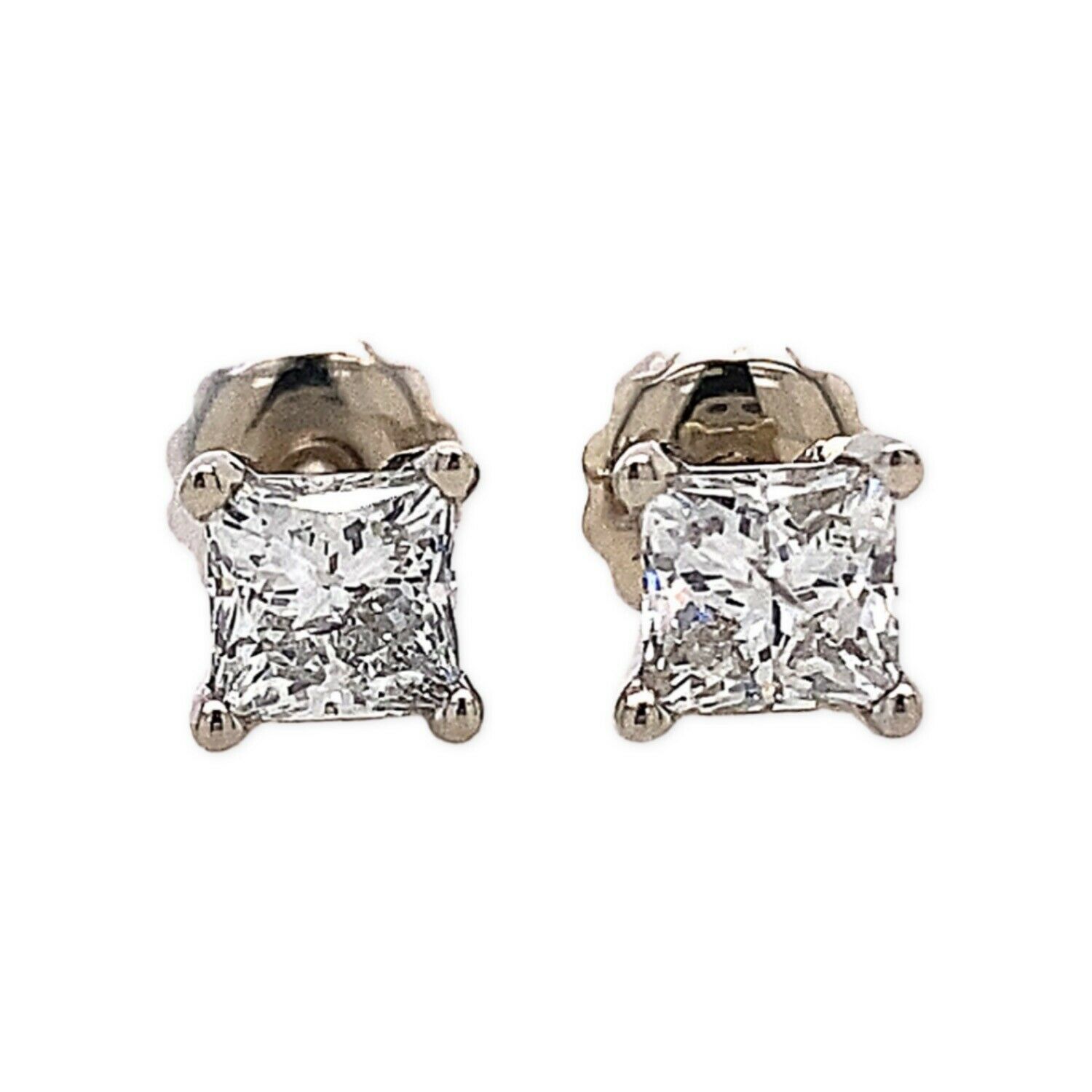 Princess Cut Diamond Stud Earrings 0.85 tcw G SI2 14kt White Gold Basket Set