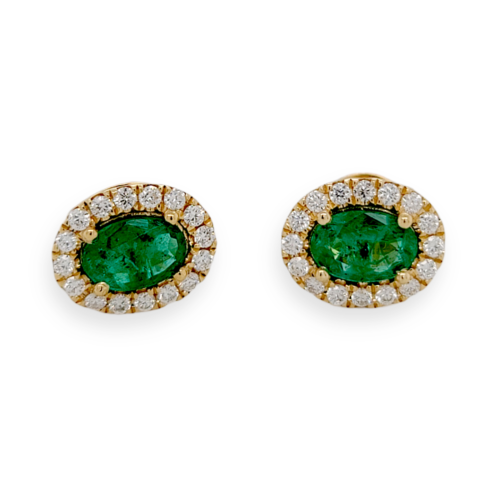 0.88 CT Colombian Emerald  0.27 CT Diamonds in 14K Yellow Gold Stud Earrings