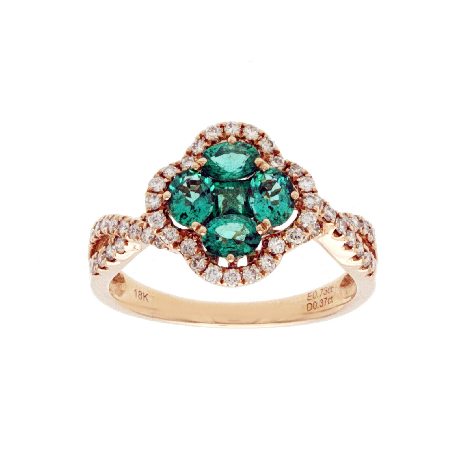 18K Rose Gold 0.37 CT Diamonds  0.73 CT Emerald Four Leaf Clover Ring Size 6