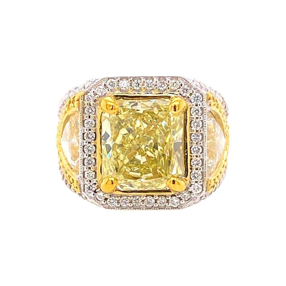 Fancy Yellow Radiant Diamond 5.36 tcw With Trillian Side Stones Engagement Ring