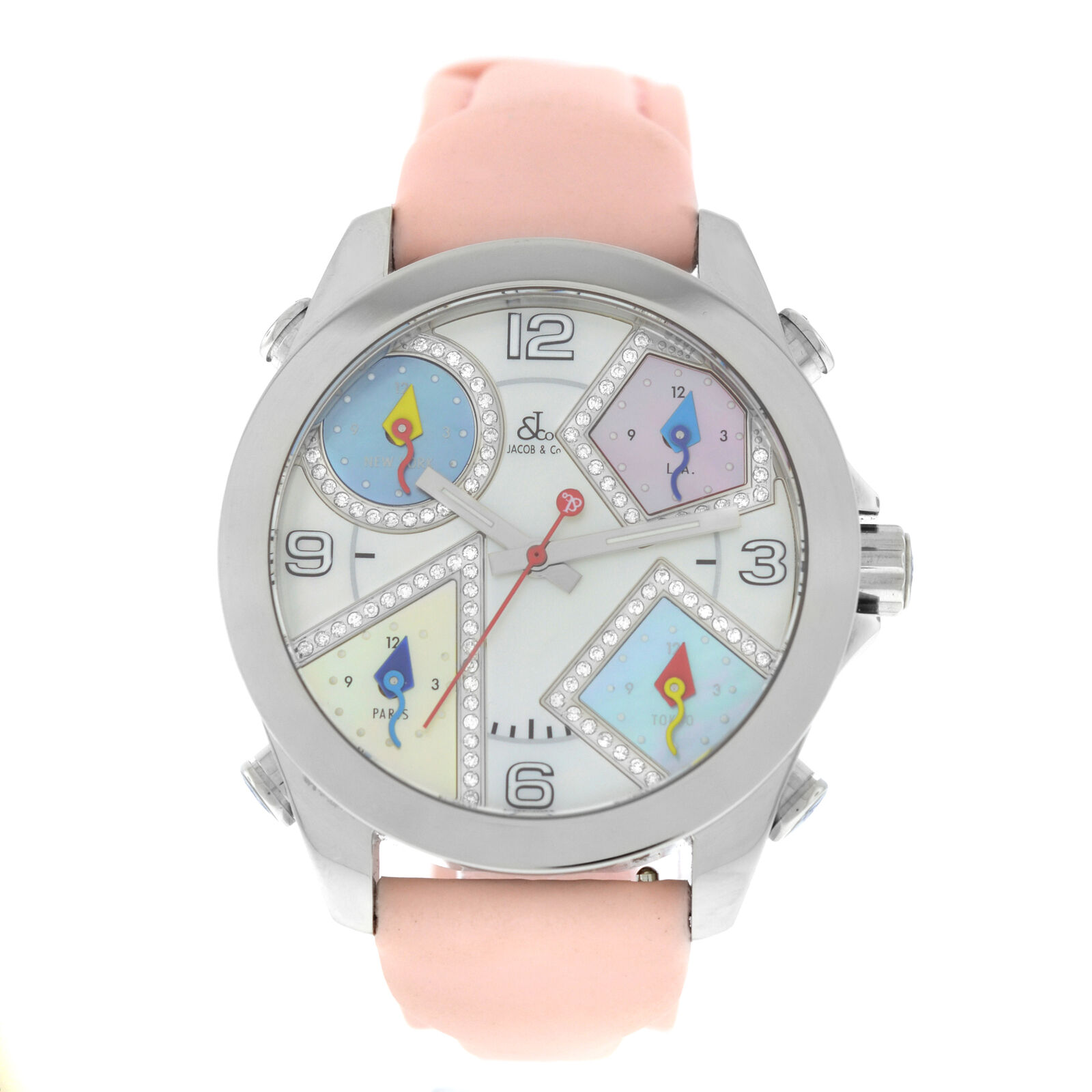 Unisex Jacob  Co. Five 5 Time Zone Watch JCM-24DA Diamond Steel 40MM MOP