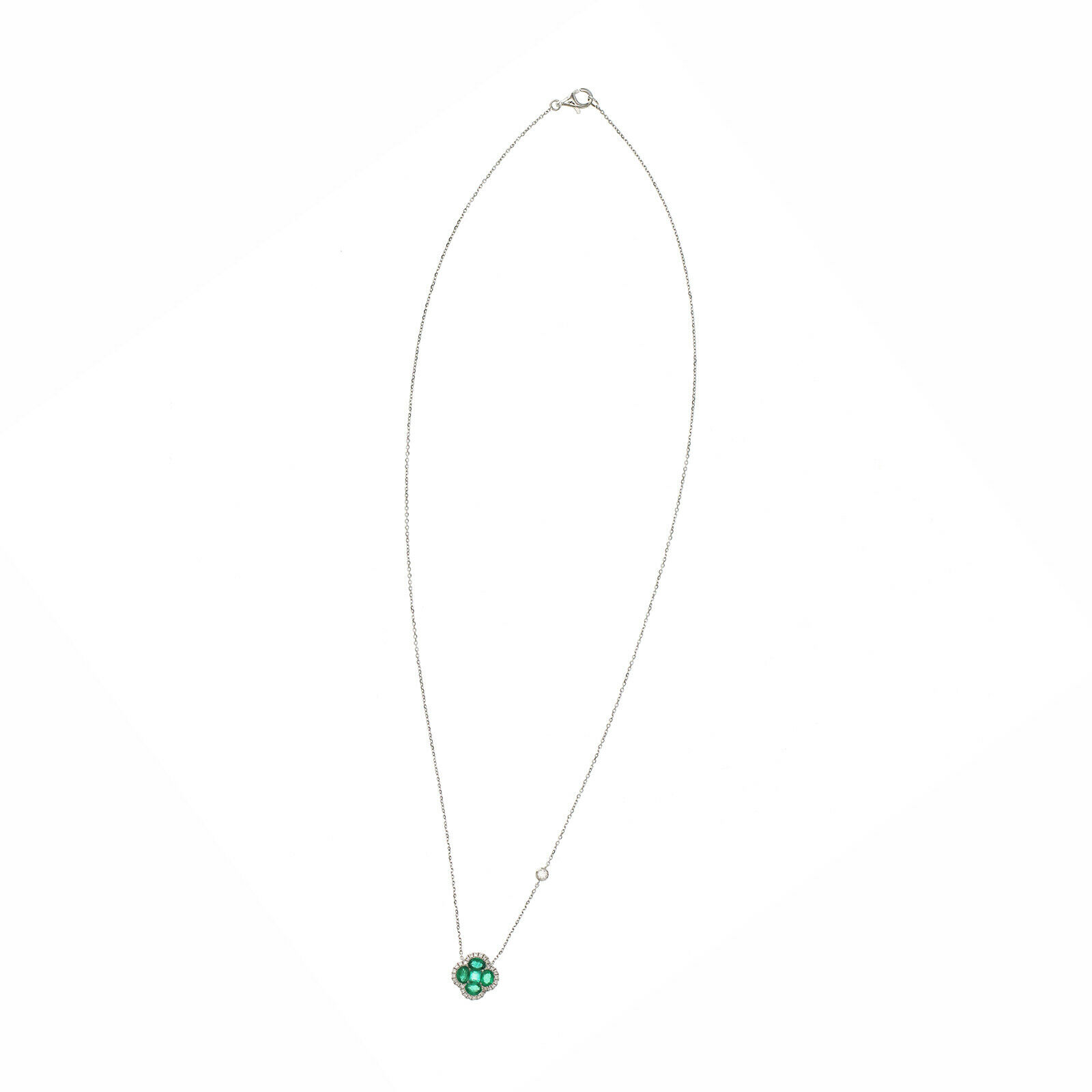 0.69 CT Emerald 0.28 CT Diamond 18K White Gold Four Leaf Flower Pendant Necklace