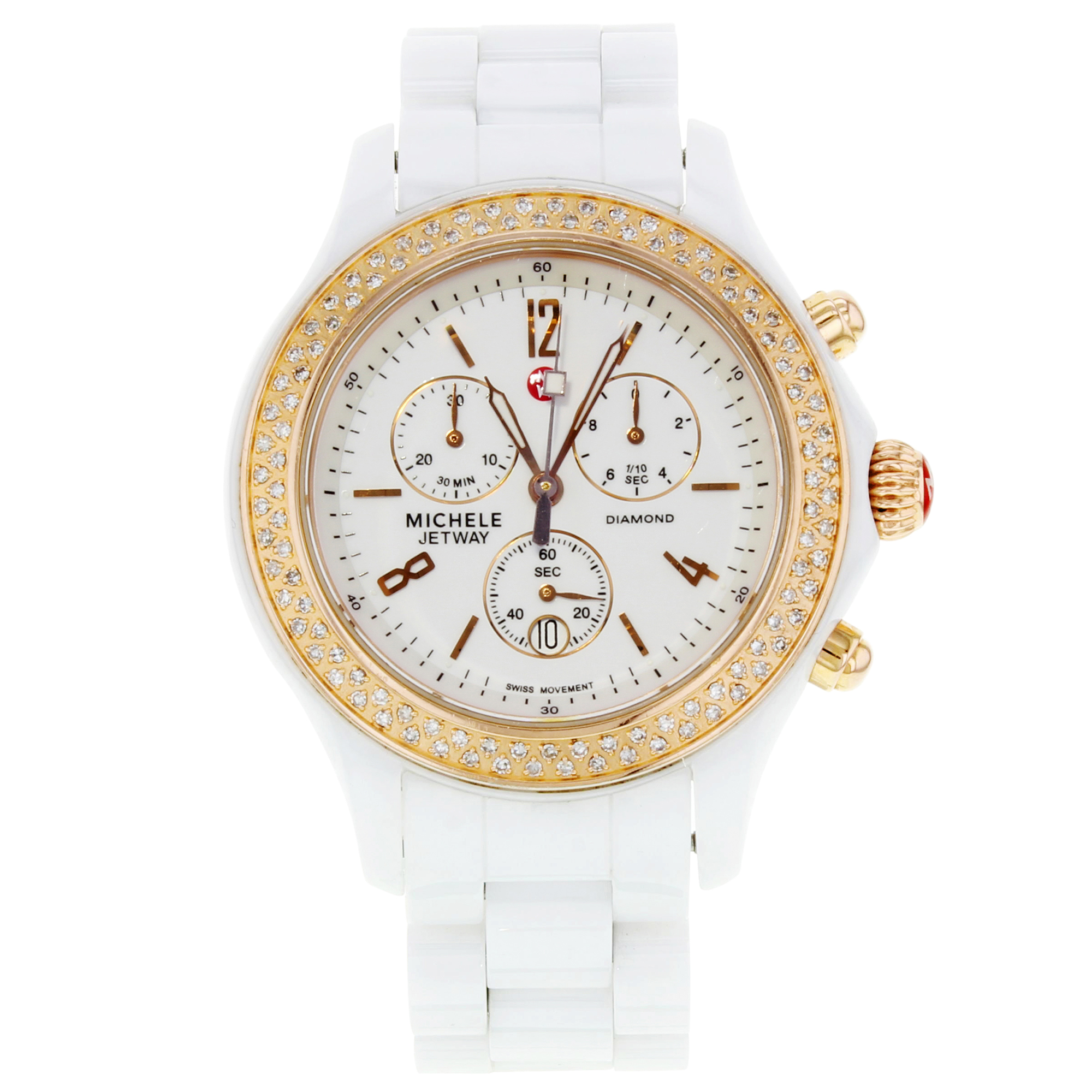 Michele White Ceramic Rose Gold Diamond watch. Michele Deco Madison White Ceramic Diamond Watch | Nasr  main image 4