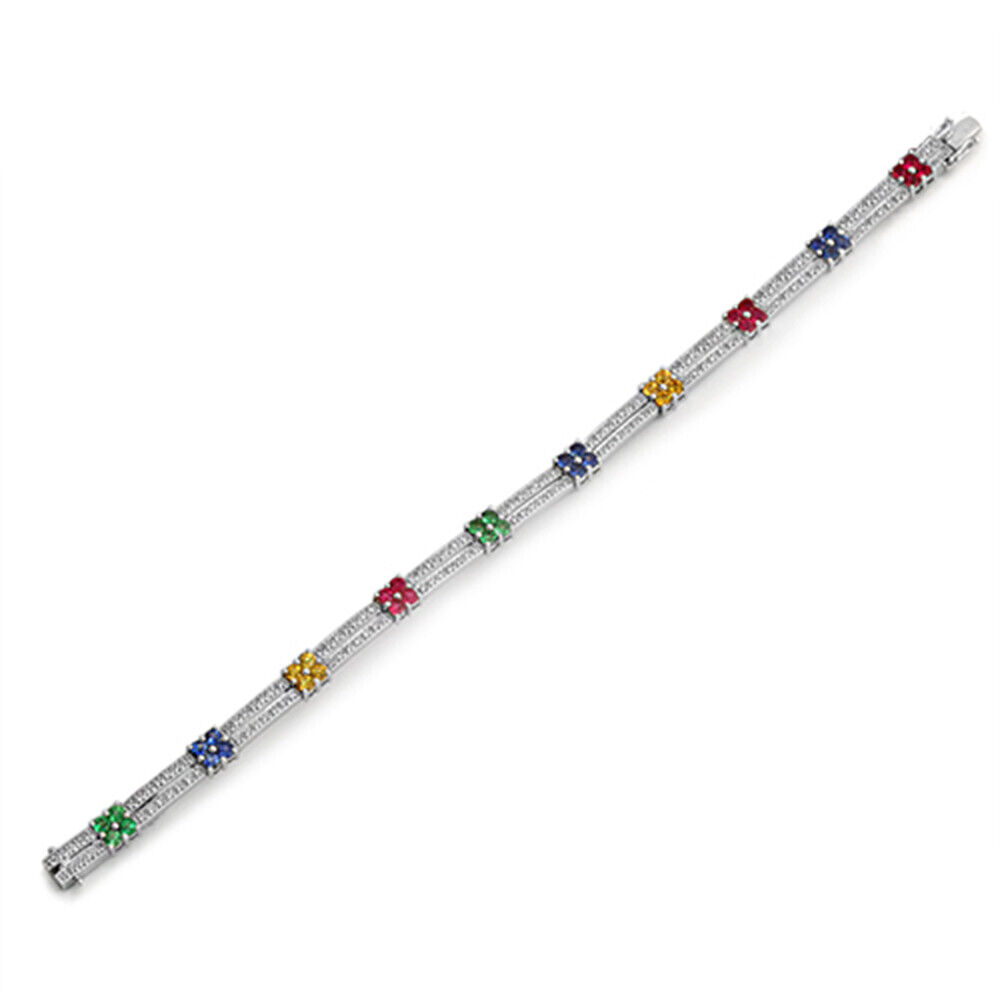 2.95 CT Multicolor Sapphires 0.82 CT Diamonds in 18K Gold White Bracelet 6.3/4"