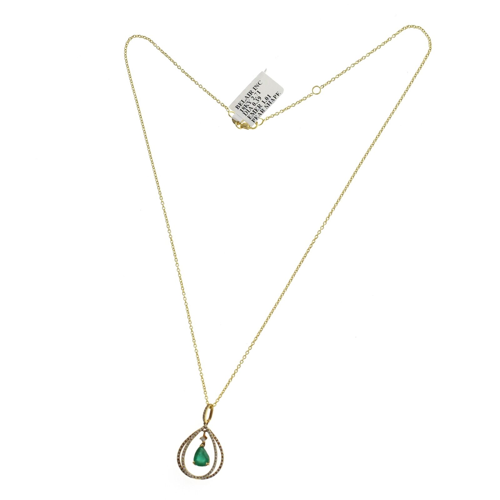 1.01 CT Emerald 0.39 CT Diamond 18K Yellow Gold Dangling Pendant Necklace 18"