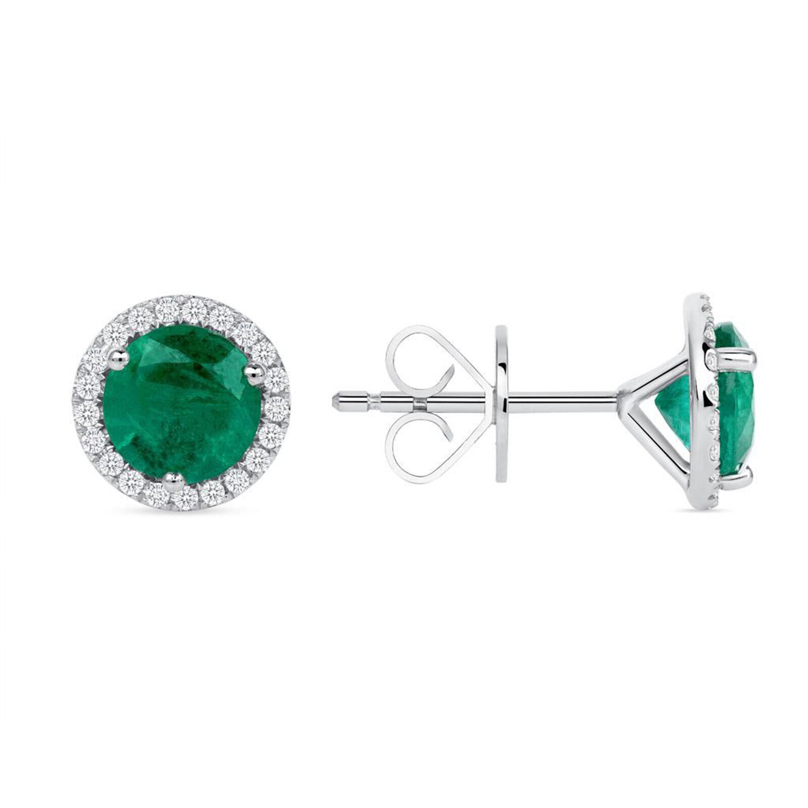 True 1.53 CT Natural Colombian Emerald 0.15 CT Diamonds 14K White Gold Stud Earrings