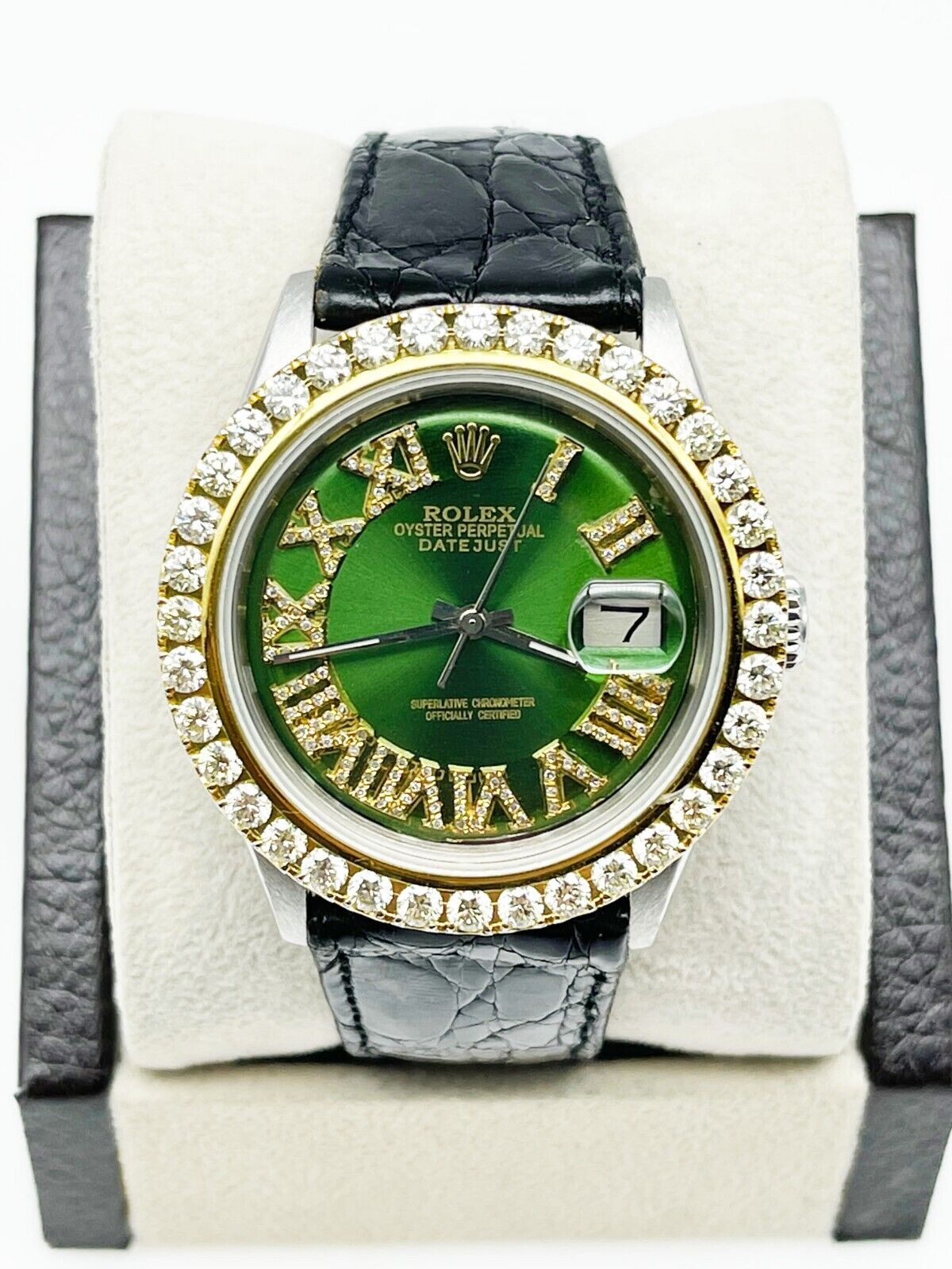 Rolex Datejust 1601 Green Diamond Dial Bezel 18K Gold Steel Leather Strap