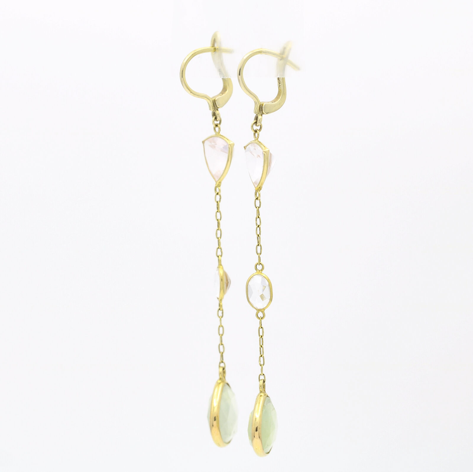 Dangle Drop Pink and Green Quartz Earrings in 14k Yellow Gold