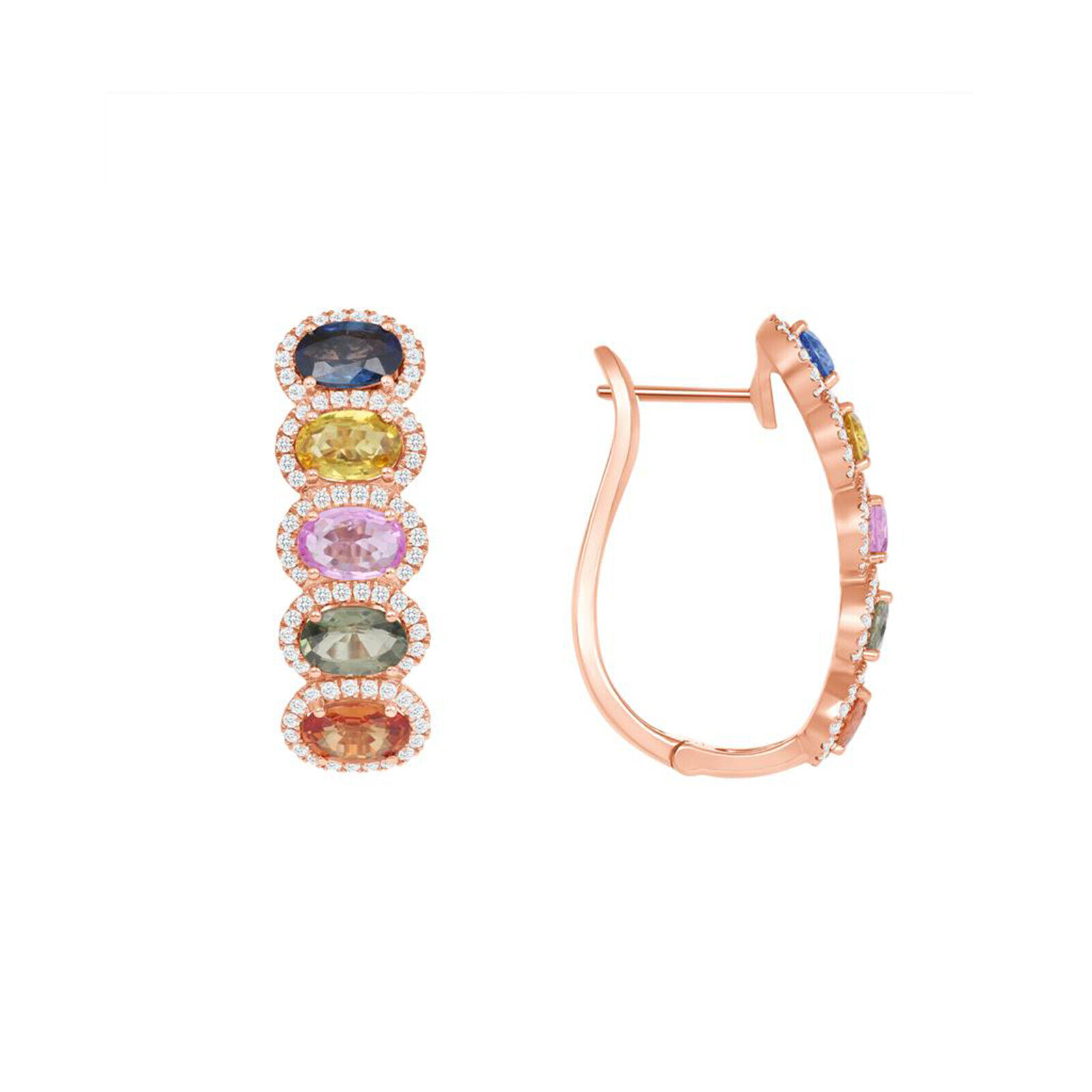 5.47 CT Multi Color Sapphire in 14K Rose Gold 36 mm Height  Hoop Earrings