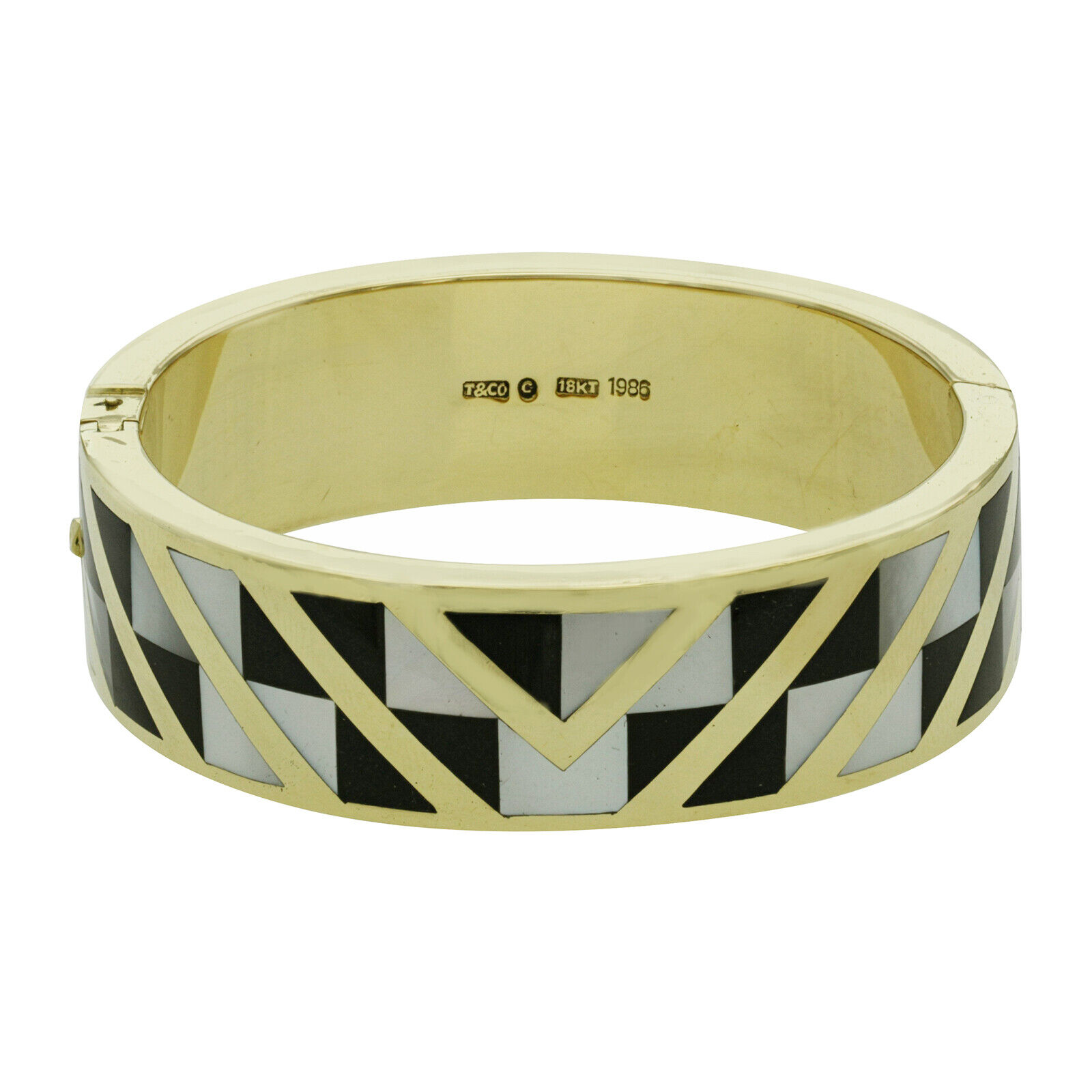 TIFFANY  CO, 18K Yellow Gold Mother of Pearl Onyx Inlay Bracelet Bangle