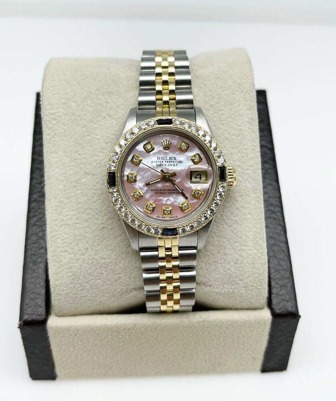 Rolex Ladies Datejust  Pink MOP Diamond Dial Sapphire Bezel 18K Gold Steel