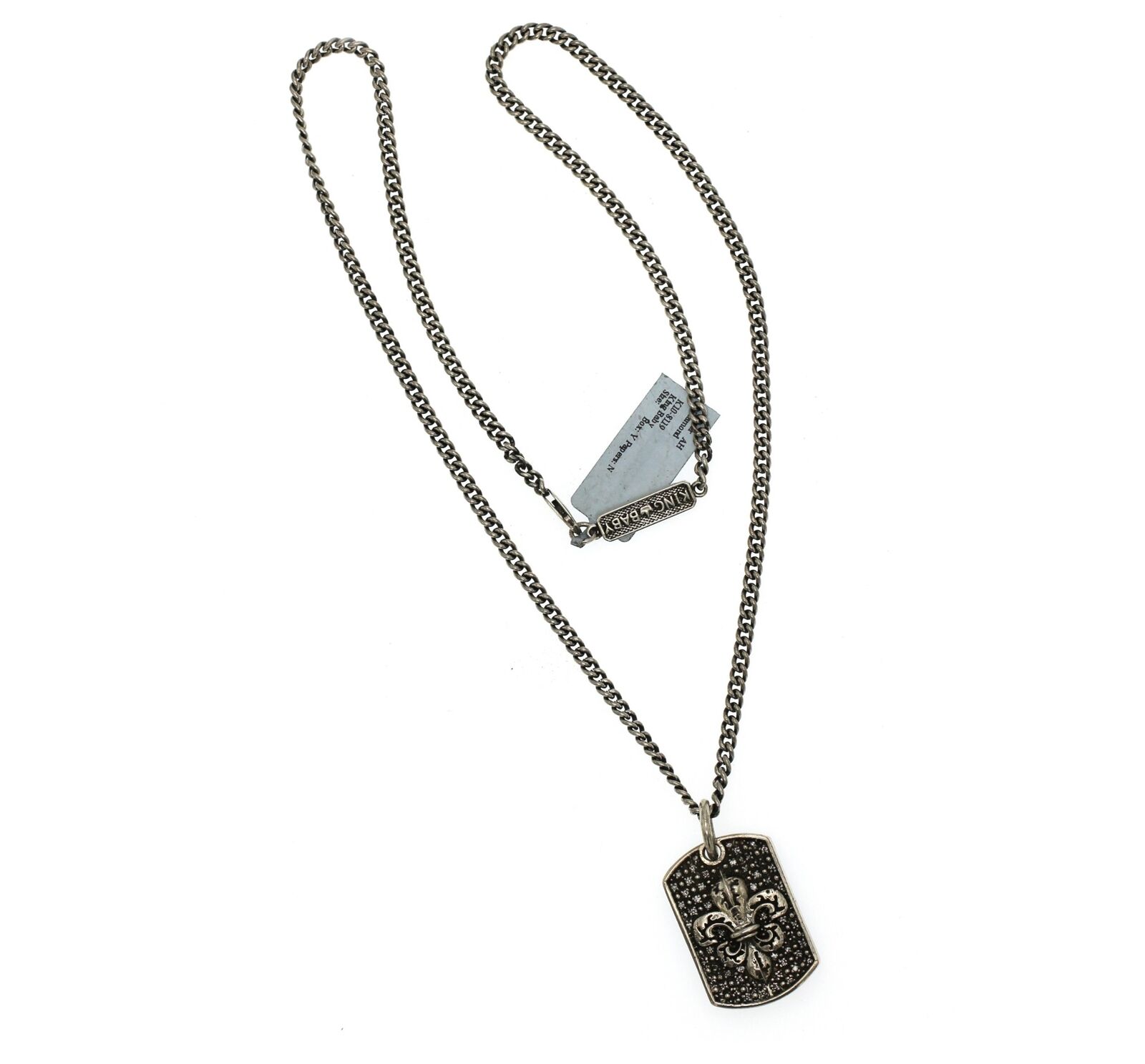 King Baby Silver And Diamond Fleur-de-Lis Relic Dog Tag Pendant