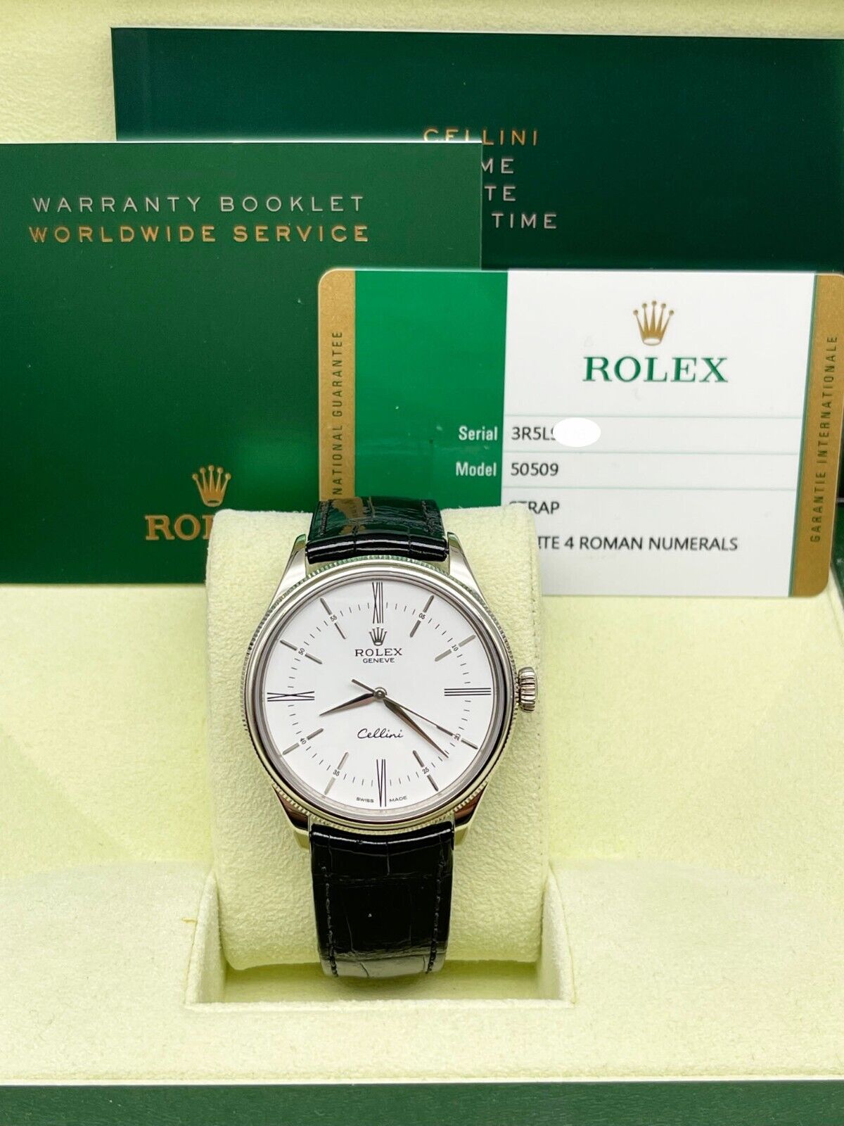 Rolex 2019 Cellini 50509 White Dial 18K White Gold Black Leather