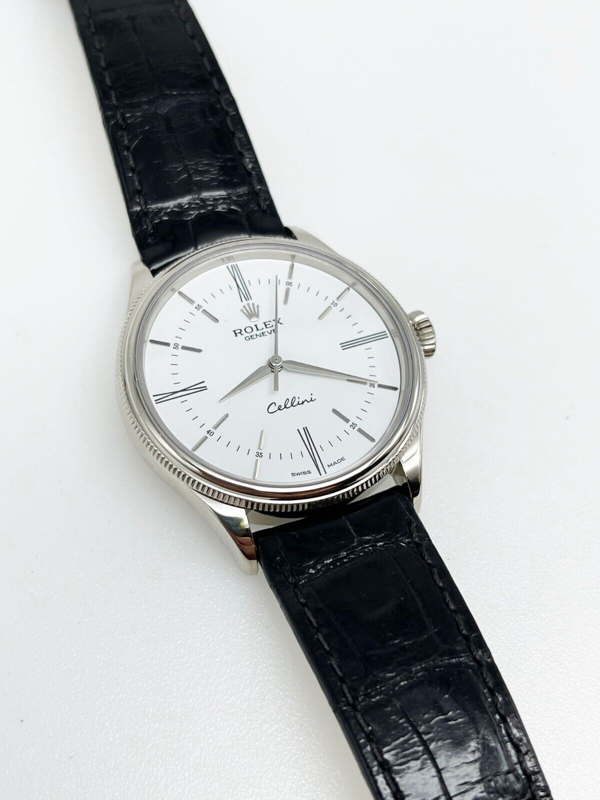 Rolex 2019 Cellini 50509 White Dial 18K White Gold Black Leather