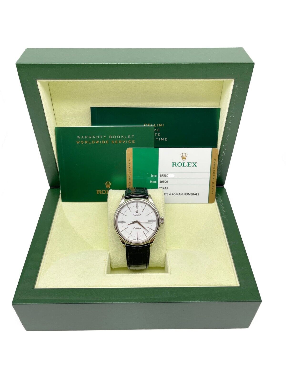 Rolex 2019 Cellini 50509 White Dial 18K White Gold Black Leather