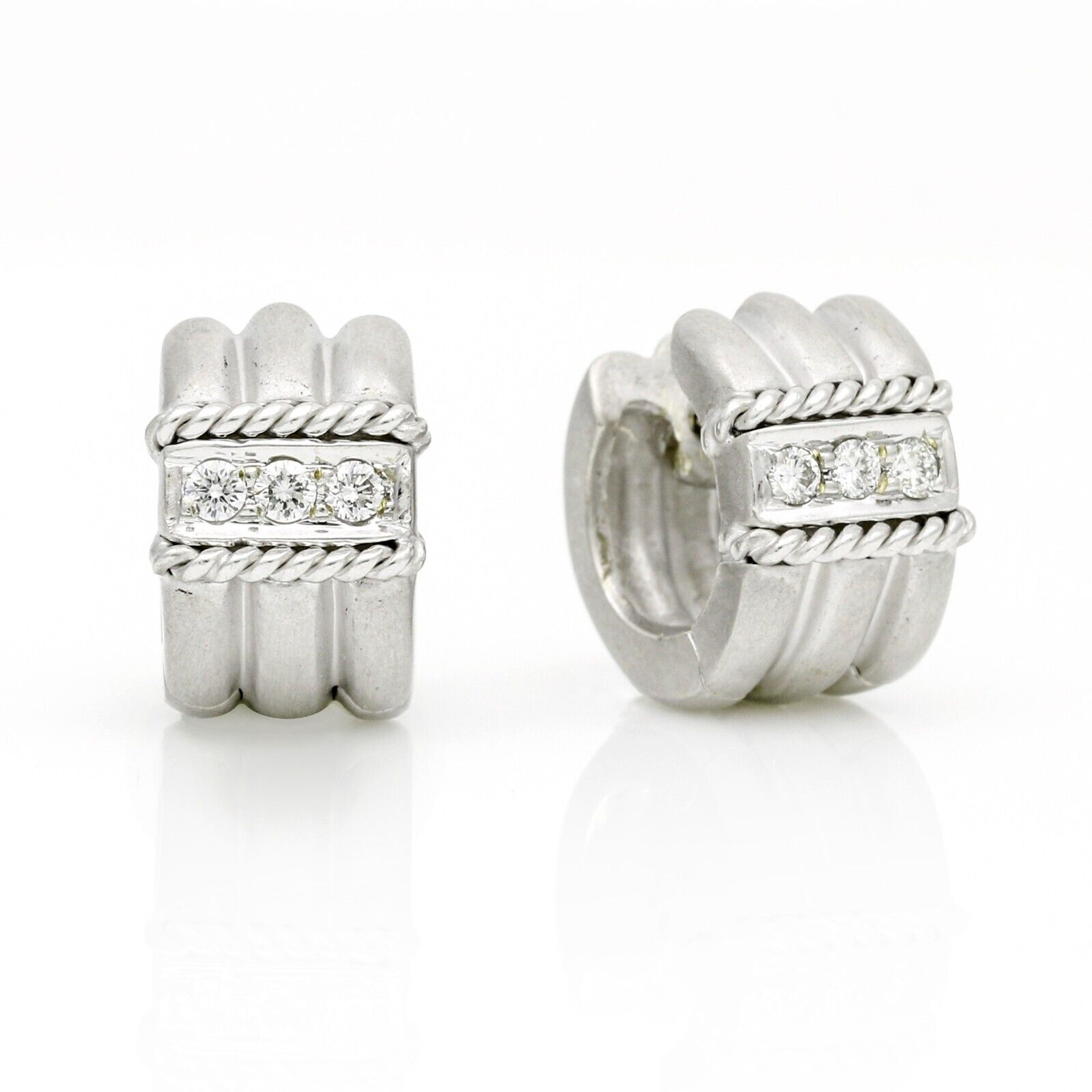 Women's Diamond Huggie Small Hoop Earrings in 18k White Gold Signed