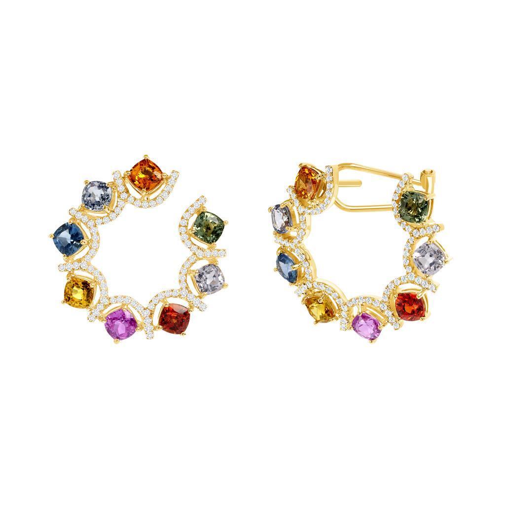 Multi Color Sapphire 0.52 CT Diamonds 14K Rose Gold Hoop Earrings