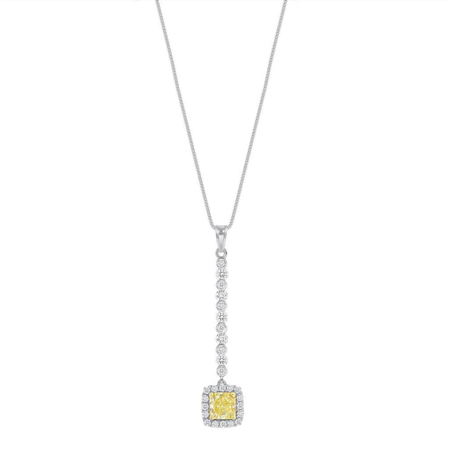 1.79 CT Yellow and White Diamonds 18K White Gold Drop Necklace 18"