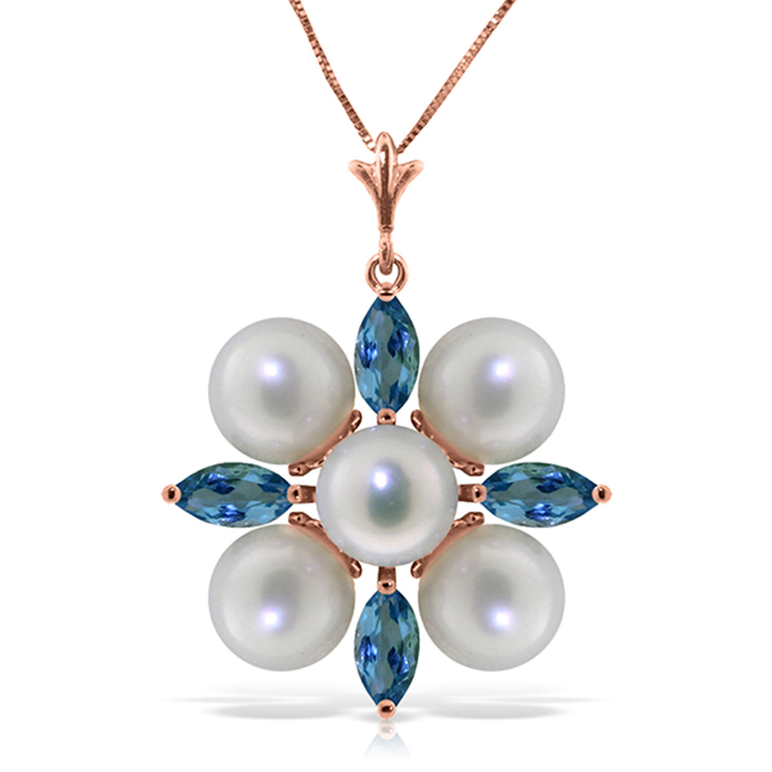 6.3 CTW 14K Solid Rose Gold Snowflake pearl Blue Topaz Necklace