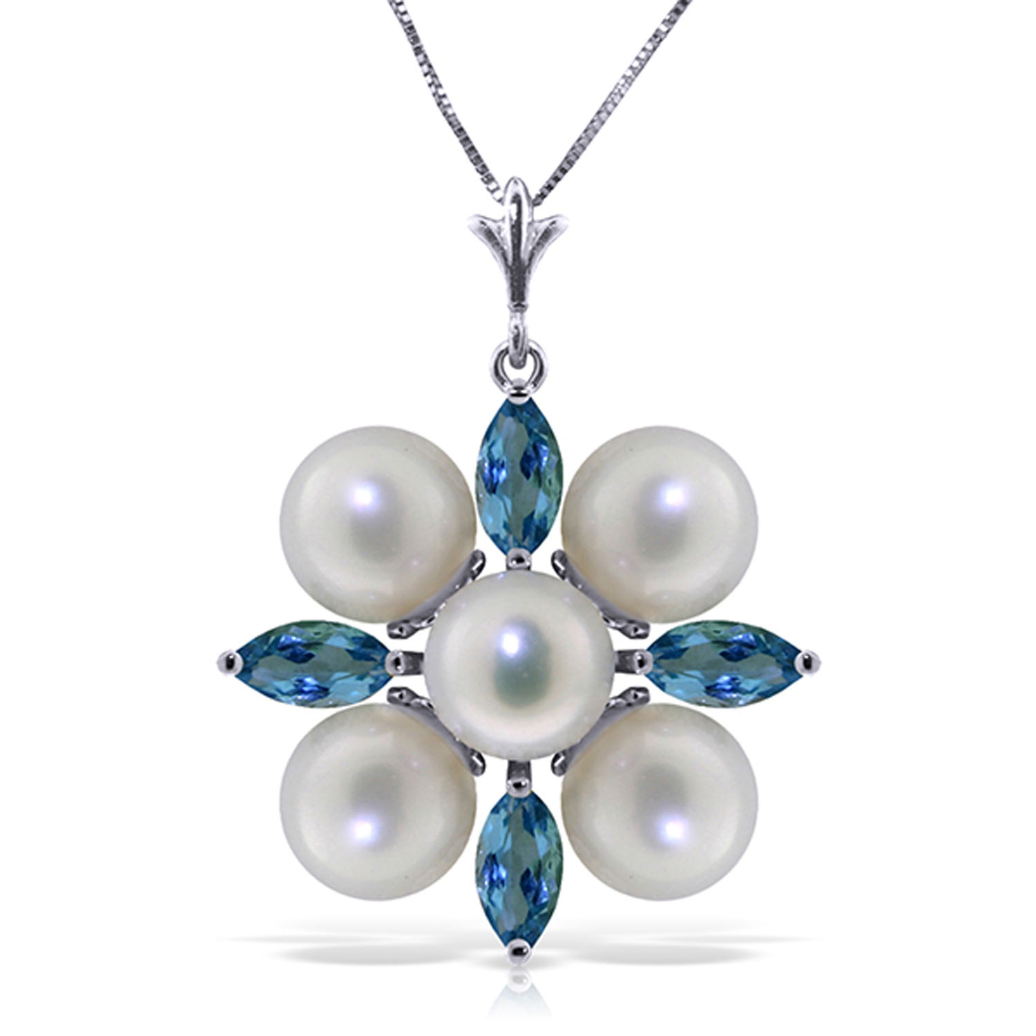 6.3 CTW 14K Solid White Gold Peace Of Heaven Blue Topaz pearl Necklace