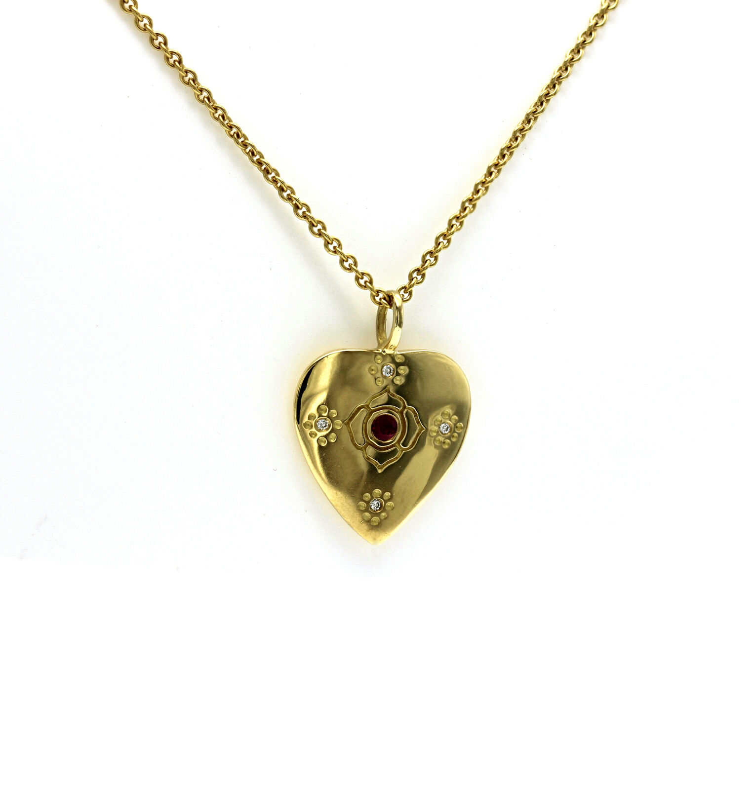 MERO 18K Yellow Gold Diamond and Ruby Heart Necklace Size 18K