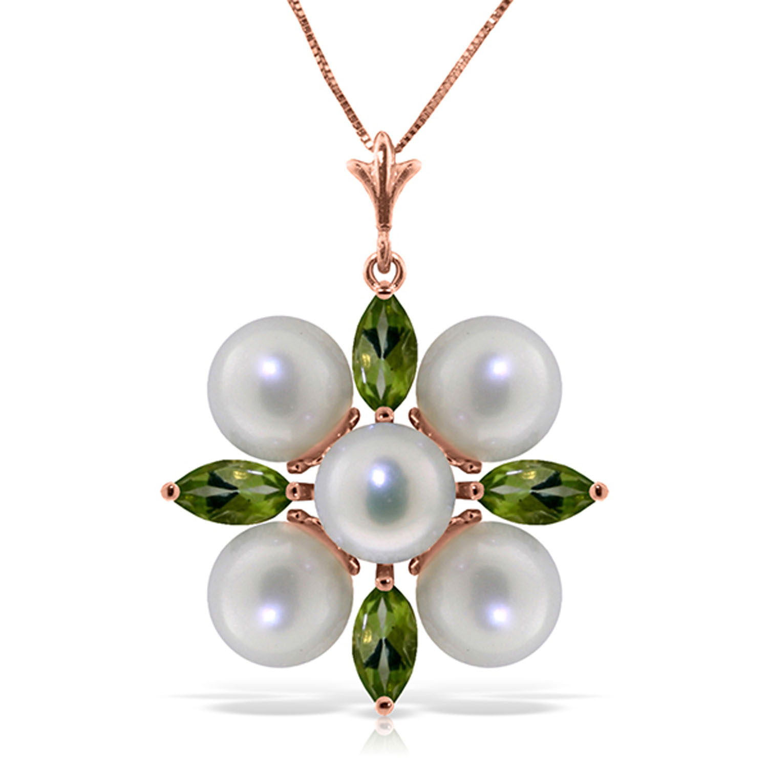 6.3 CTW 14K Solid Rose Gold Snowflake pearl Peridot Necklace