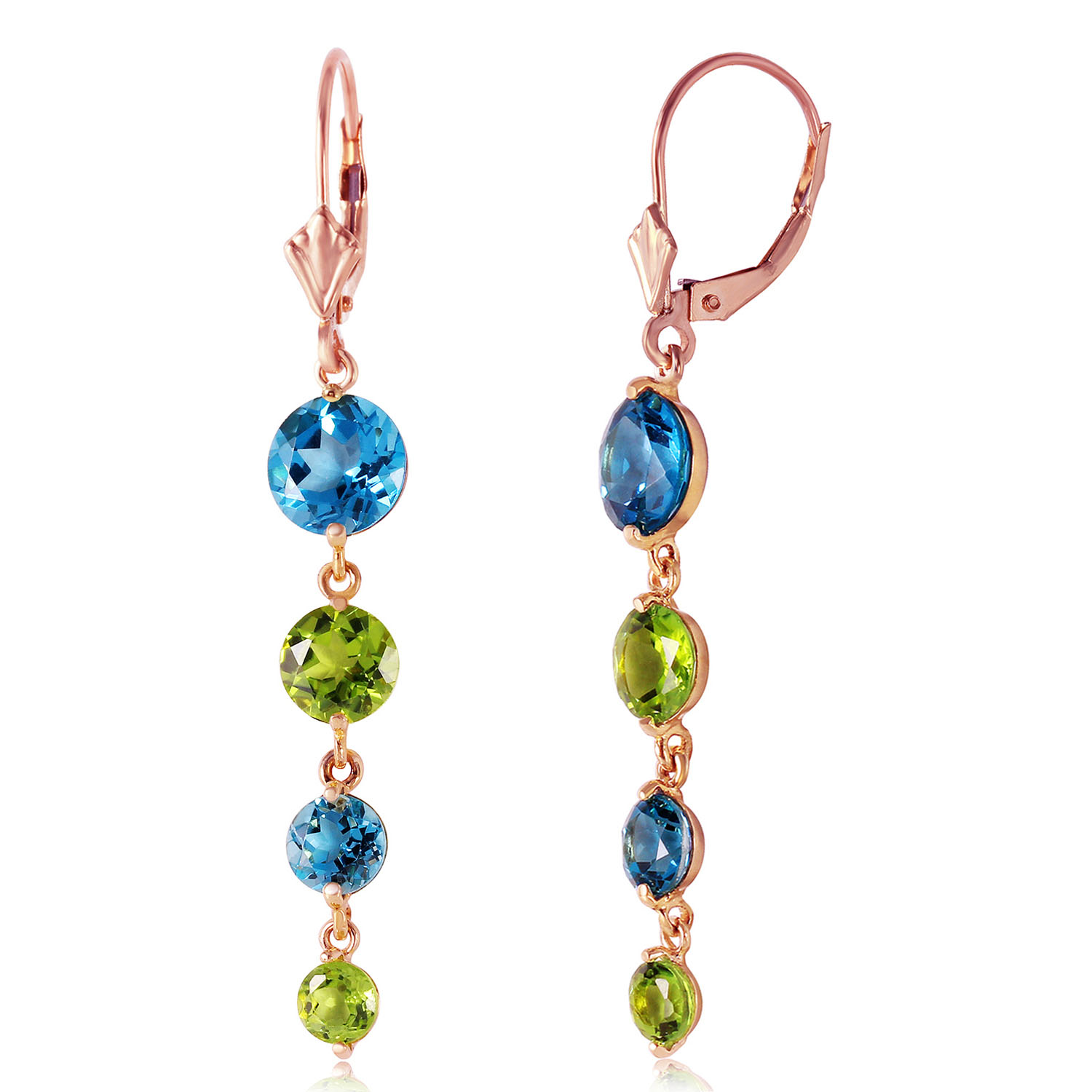 14K Solid Rose Gold Chandelier Earrings with Blue Topaz  Peridot