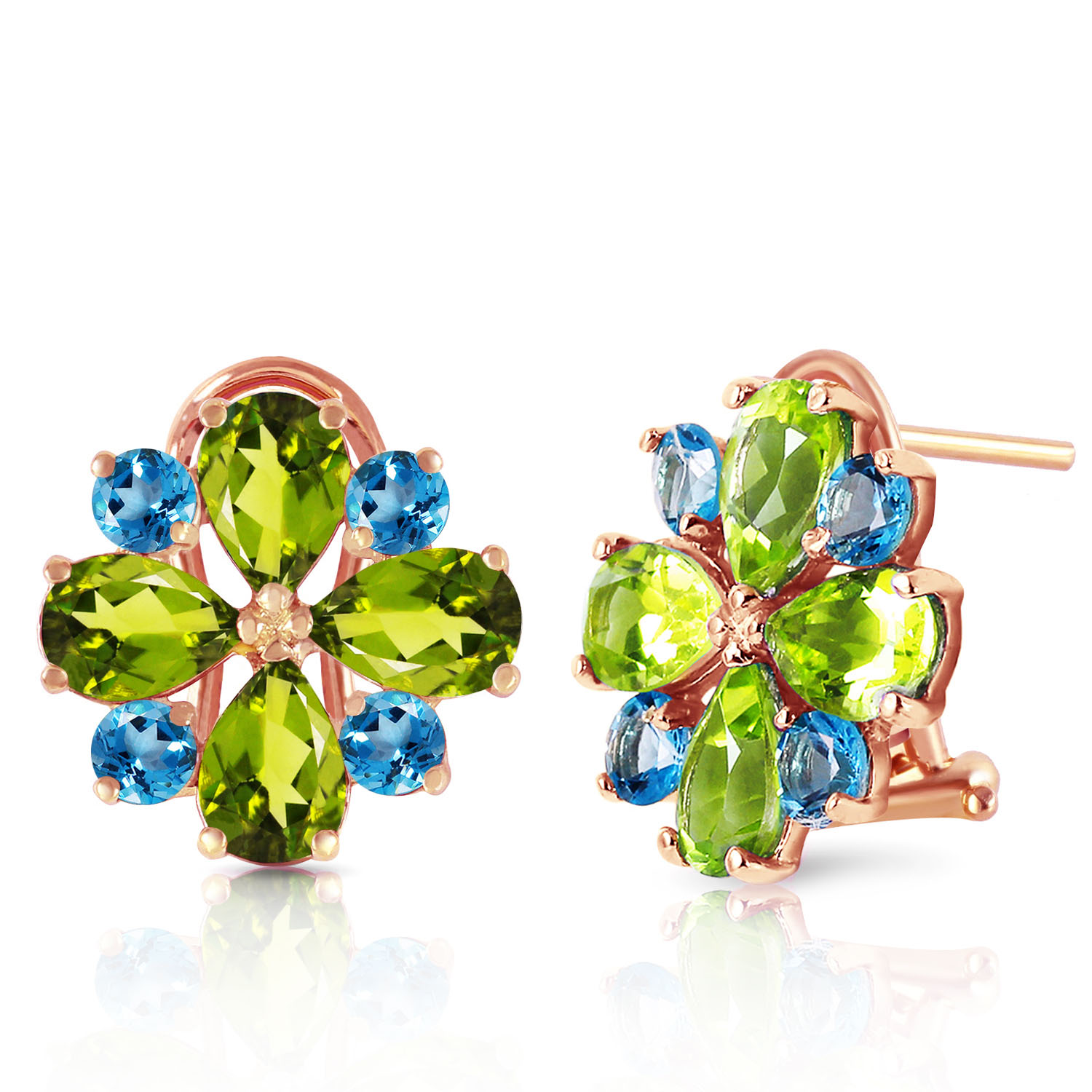 4.85 CTW 14K Solid Rose Gold French Clips Earrings Peridot Blue Topaz