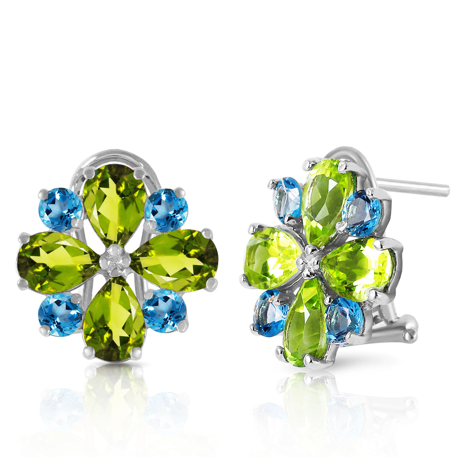 4.85 CTW 14K Solid White Gold French Clips Earrings Peridot Blue Topaz