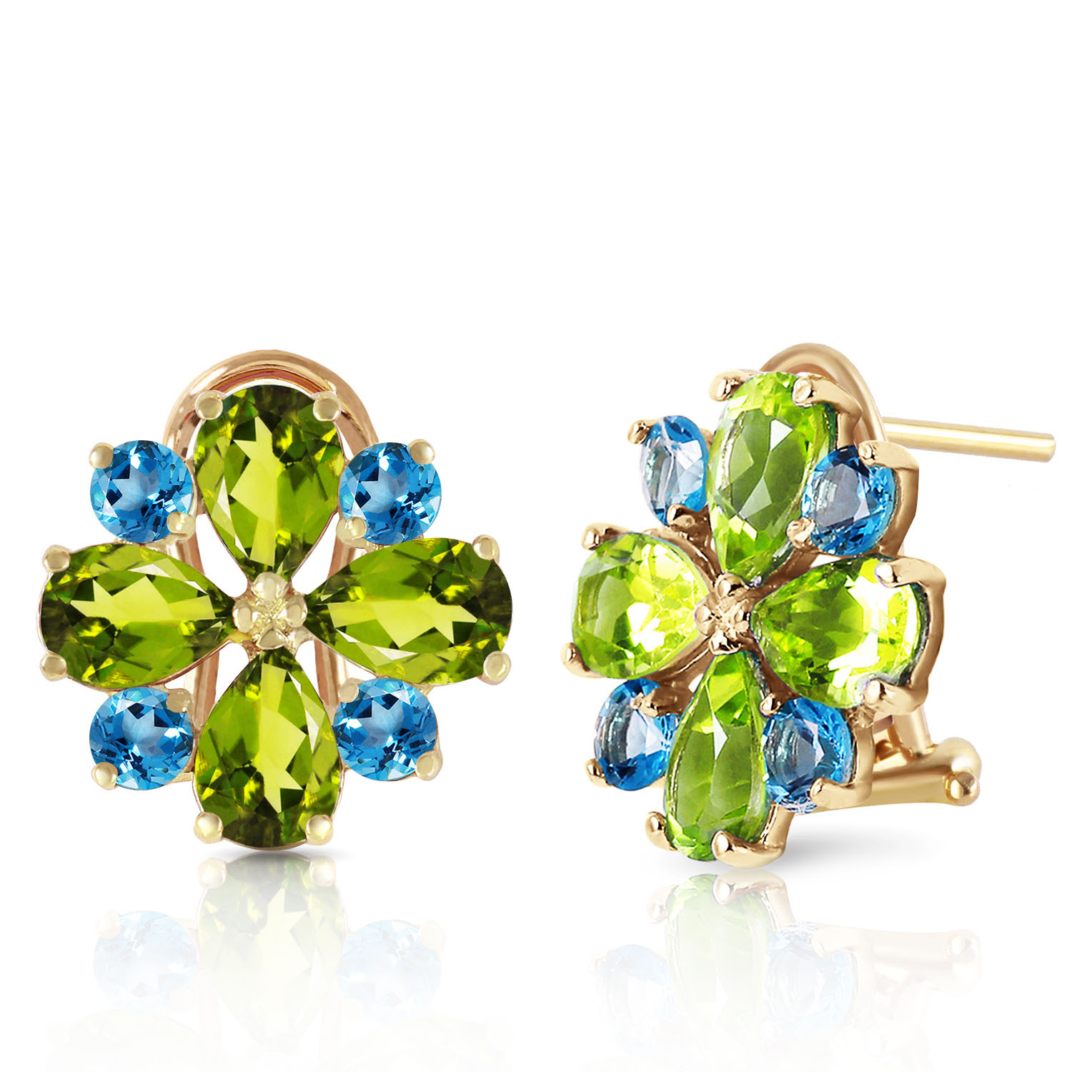 4.85 CTW 14K Solid Gold French Clips Earrings Peridot Blue Topaz