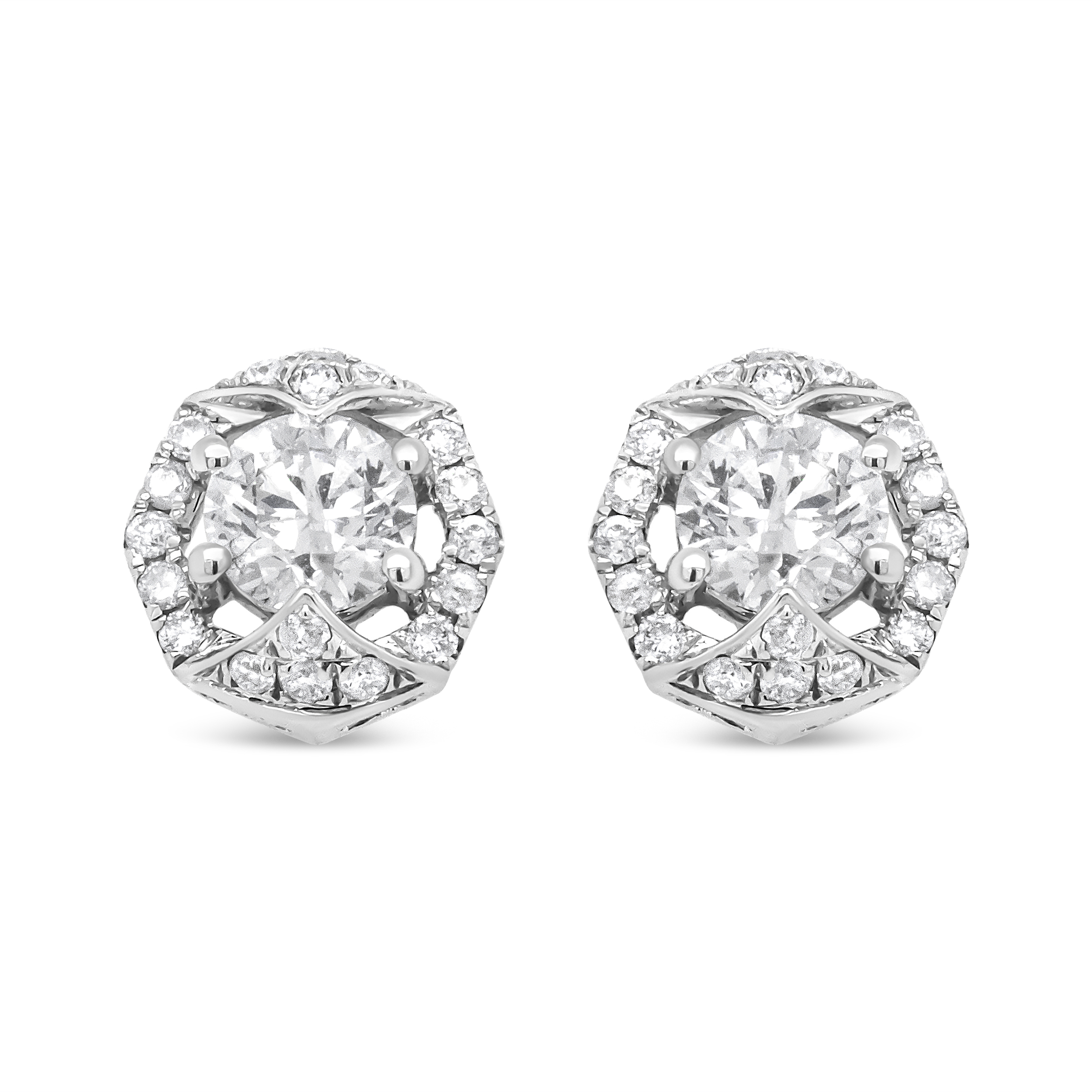 True 18K White Gold 3/4 Cttw Round Diamond Openwork Hexagonal Halo Stud Earring (F-G Color, SI2-I1 Clarity)