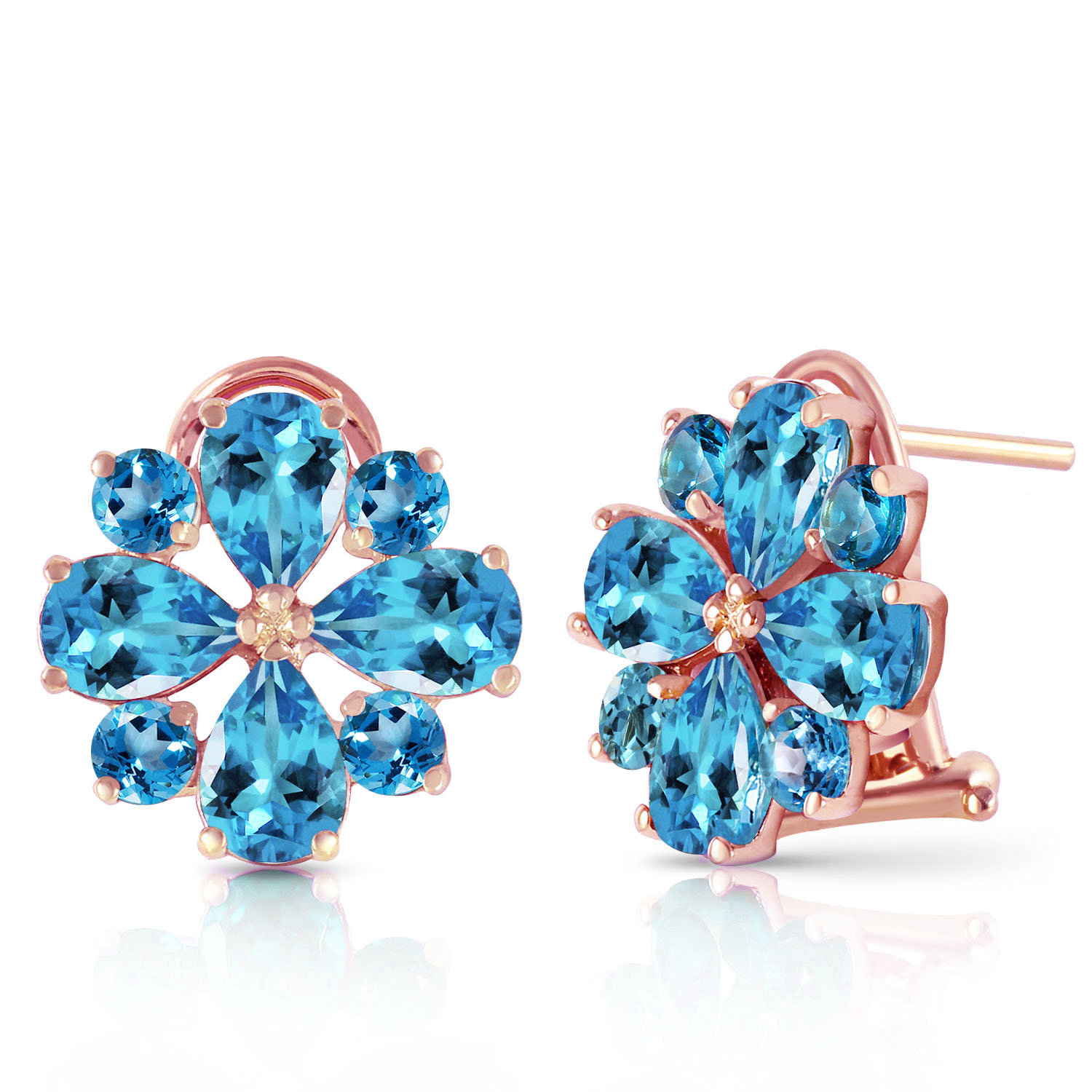 4.85 CTW 14K Solid Rose Gold Flower Blue Topaz Clip Earrings