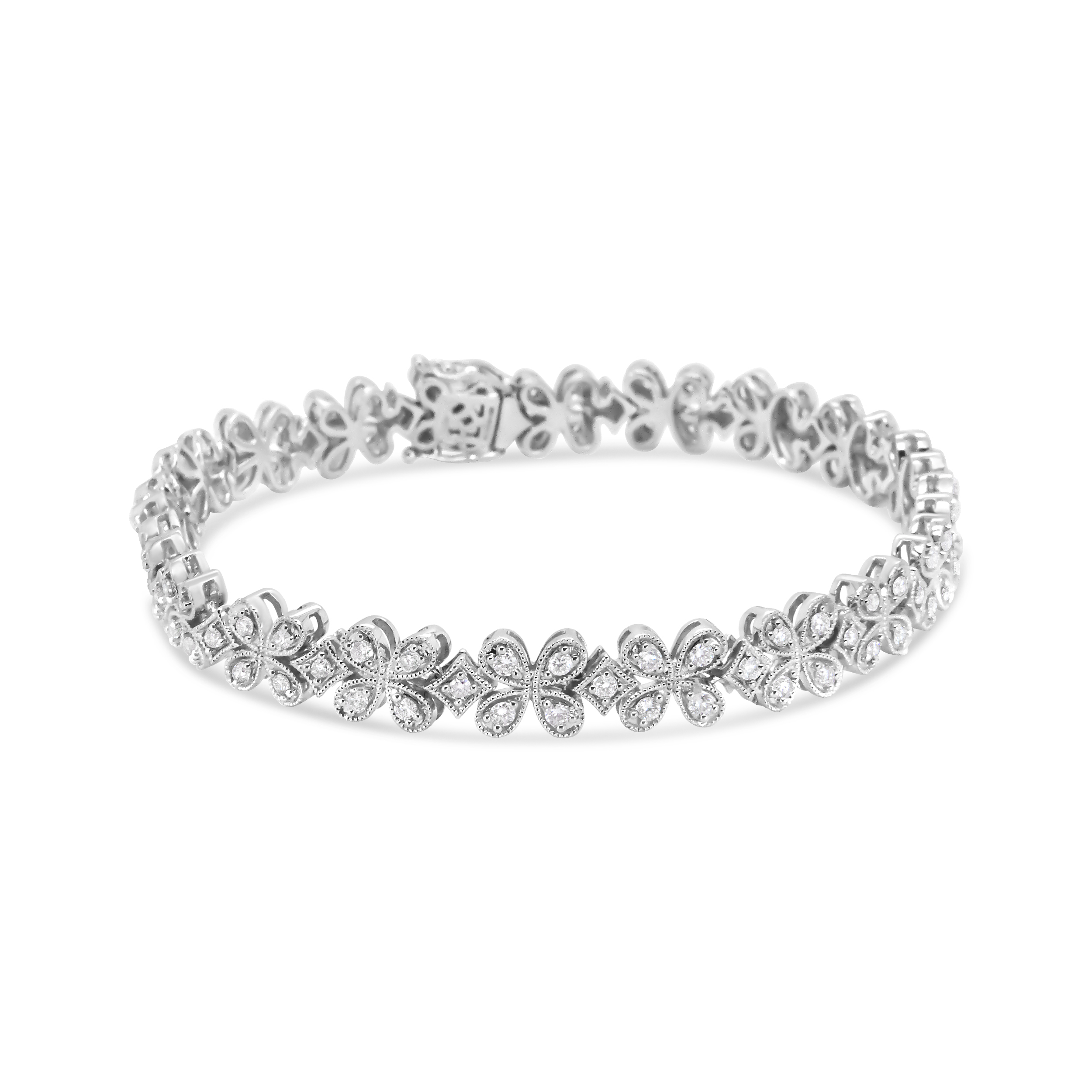 14K White Gold 1 1/2 Cttw Round Diamond Floral Clover-Shaped Link Bracelet (H-I Color, SI1-SI2 Clarity) - Size 7"
