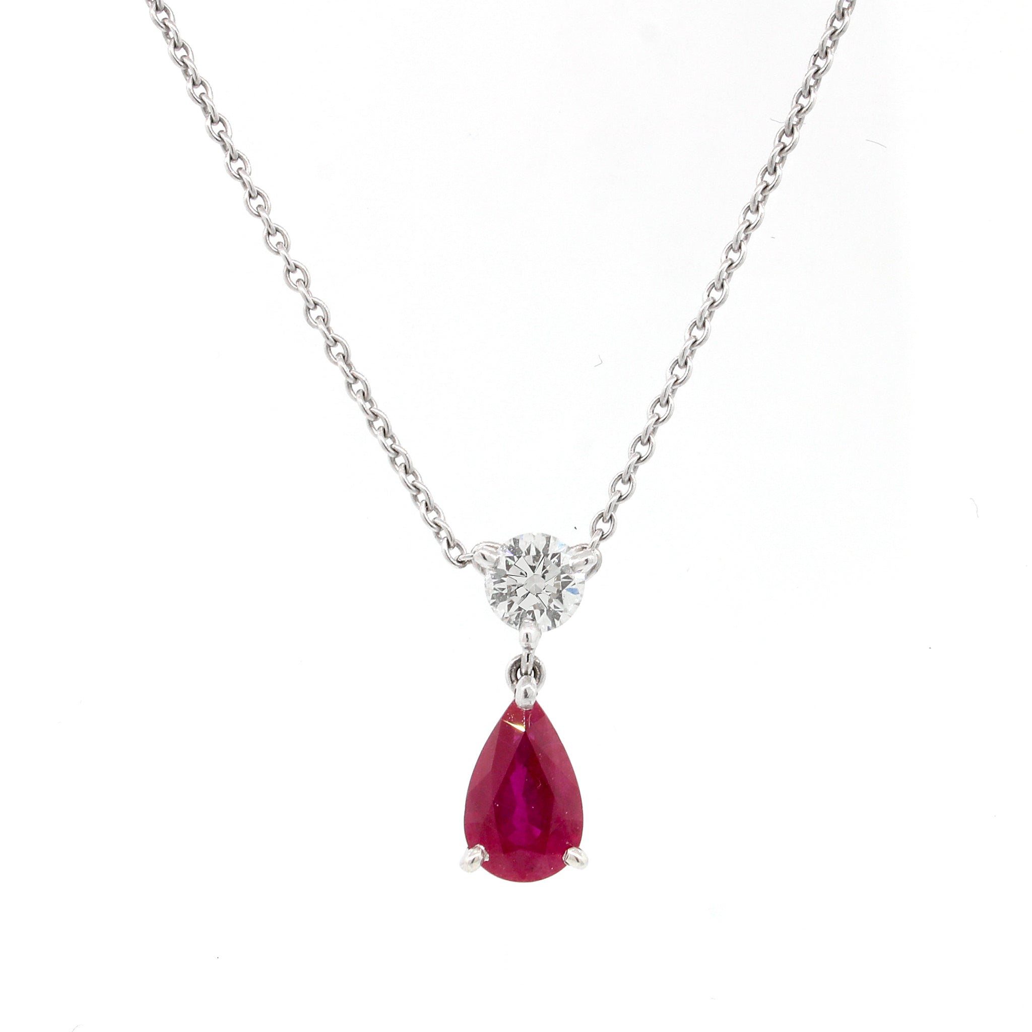 Asprey London Pear Shaped Ruby and Diamond Drop Pendant Necklace
