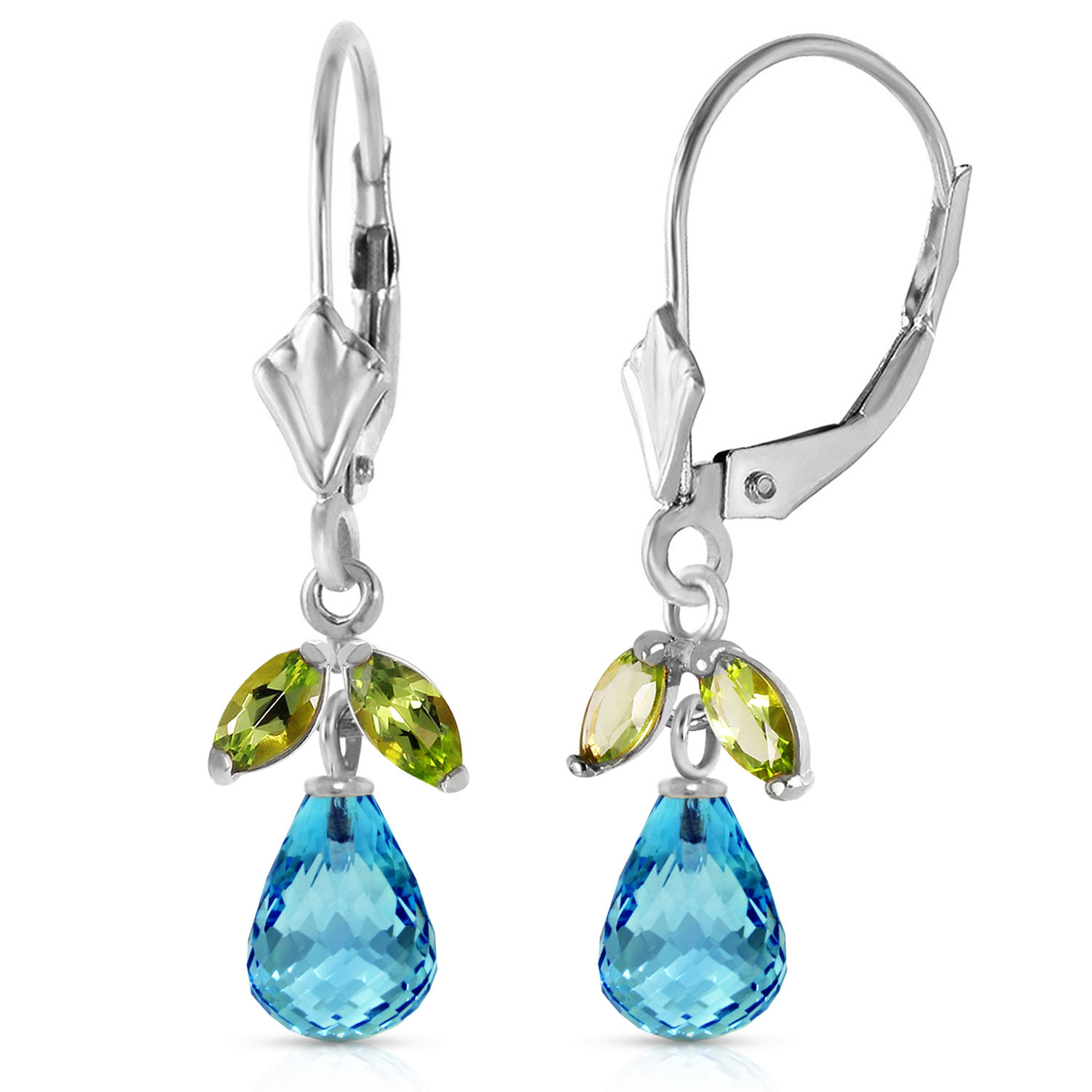 3.4 CTW 14K Solid White Gold Leverback Earrings Blue Topaz Peridot