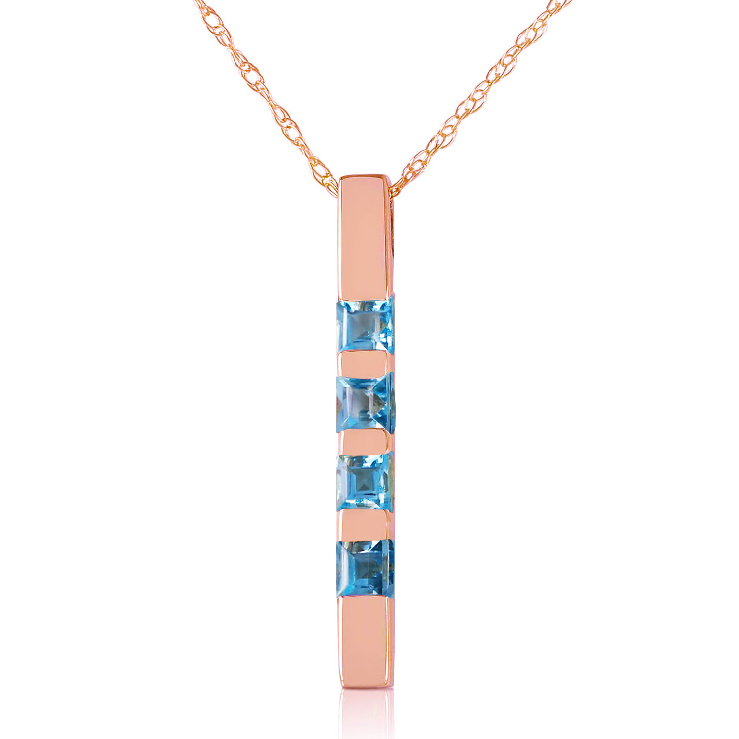 14K Solid Rose Gold Necklace Bar with Natural Blue Topaz