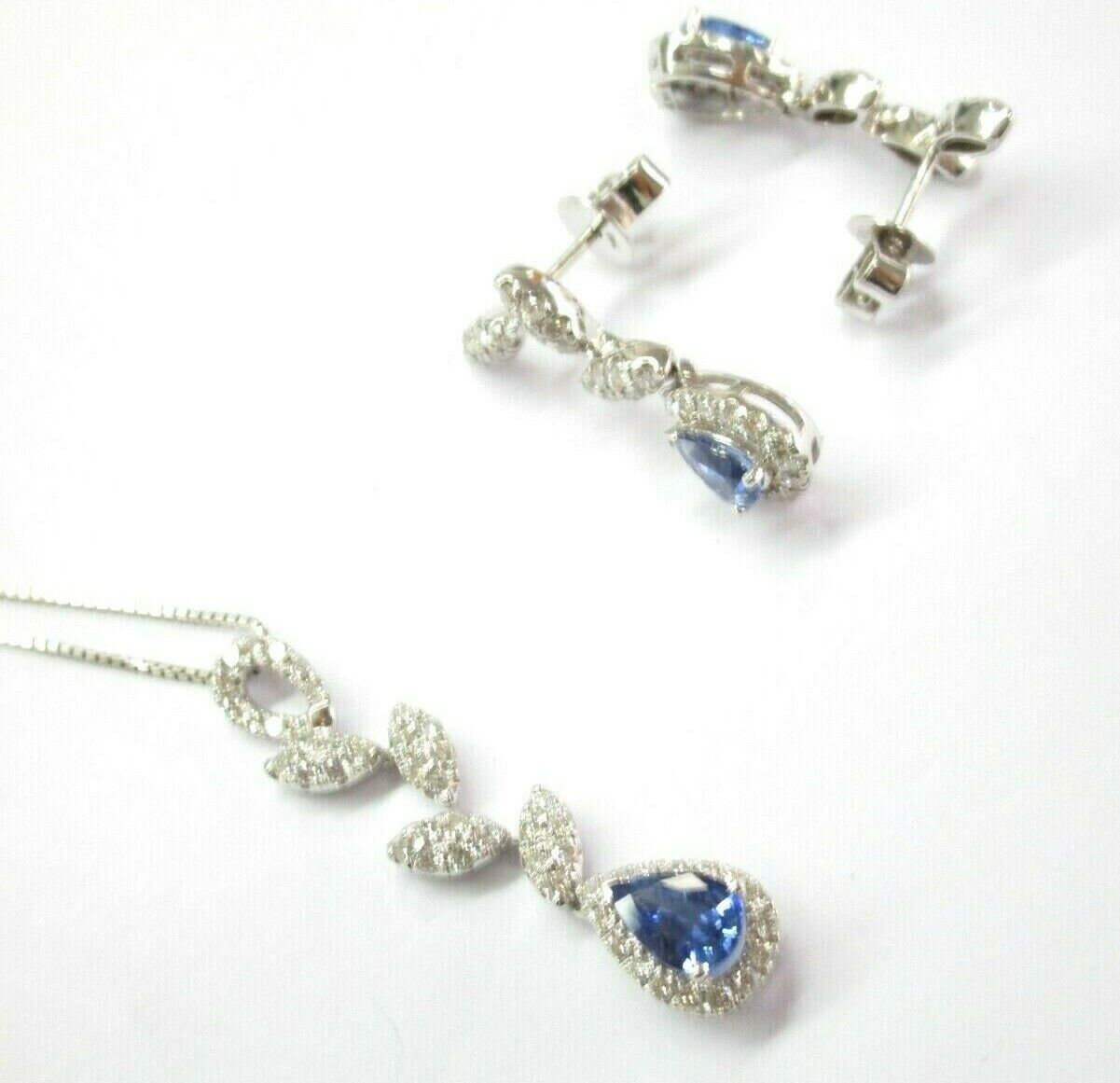 Blue Sapphire  Diamond Jewelry Set Necklace  Earrings 18KT White Gold 3.34Ct